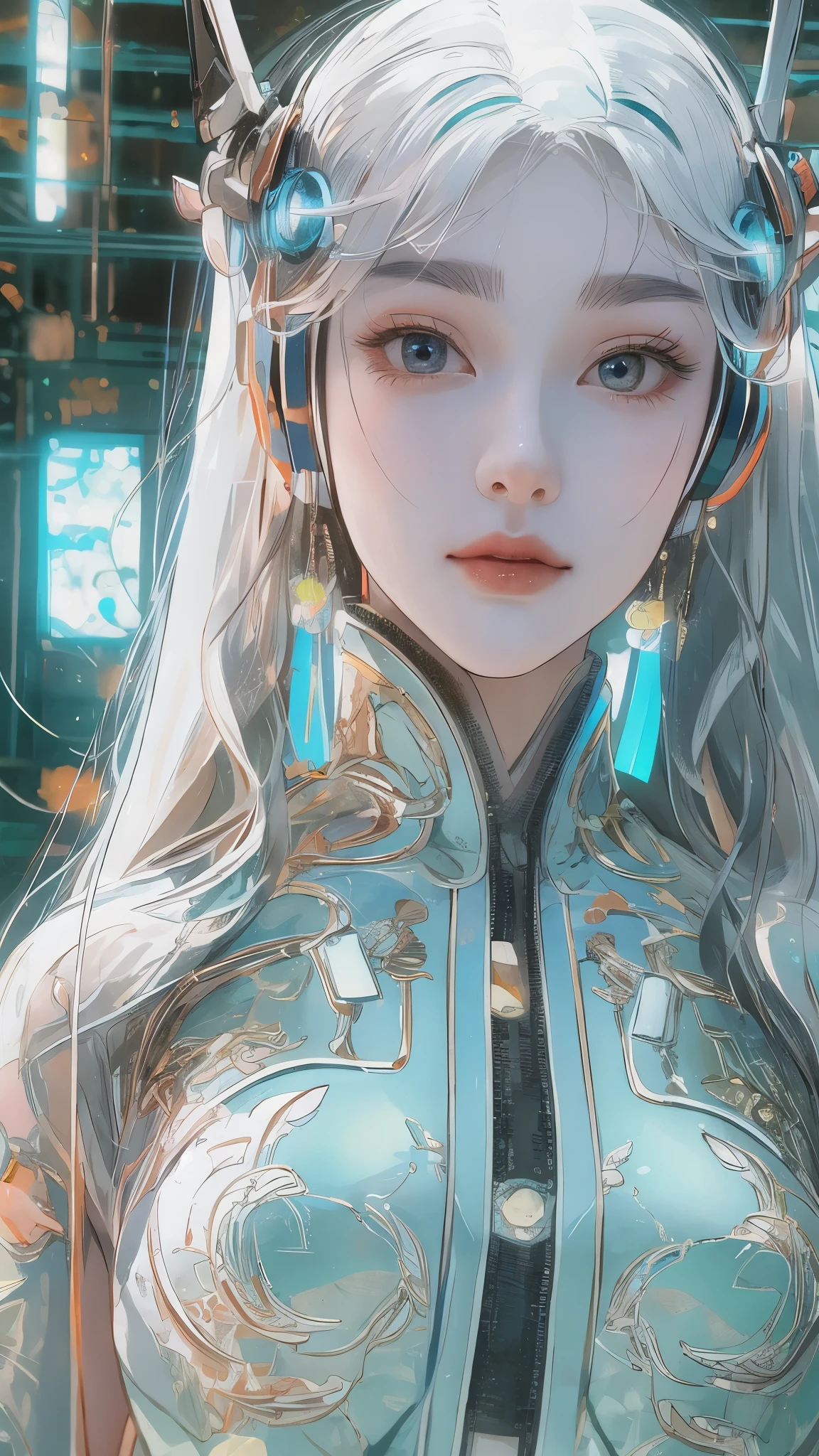 Tang suit，Chinese Hanfu，face close-up，a image of a woman wearing colorful robot tech, in the style of free-flowing surrealism, shiny/glossy, precise and lifelike, hard surface modeling, precisionist lines, light silver and azure, engineering/construction and design，Luminous headphones, Luminous hair accessories, long hair, Luminous earrings, glow necklace, cyberpunk,transparent clothes，rainbow colors