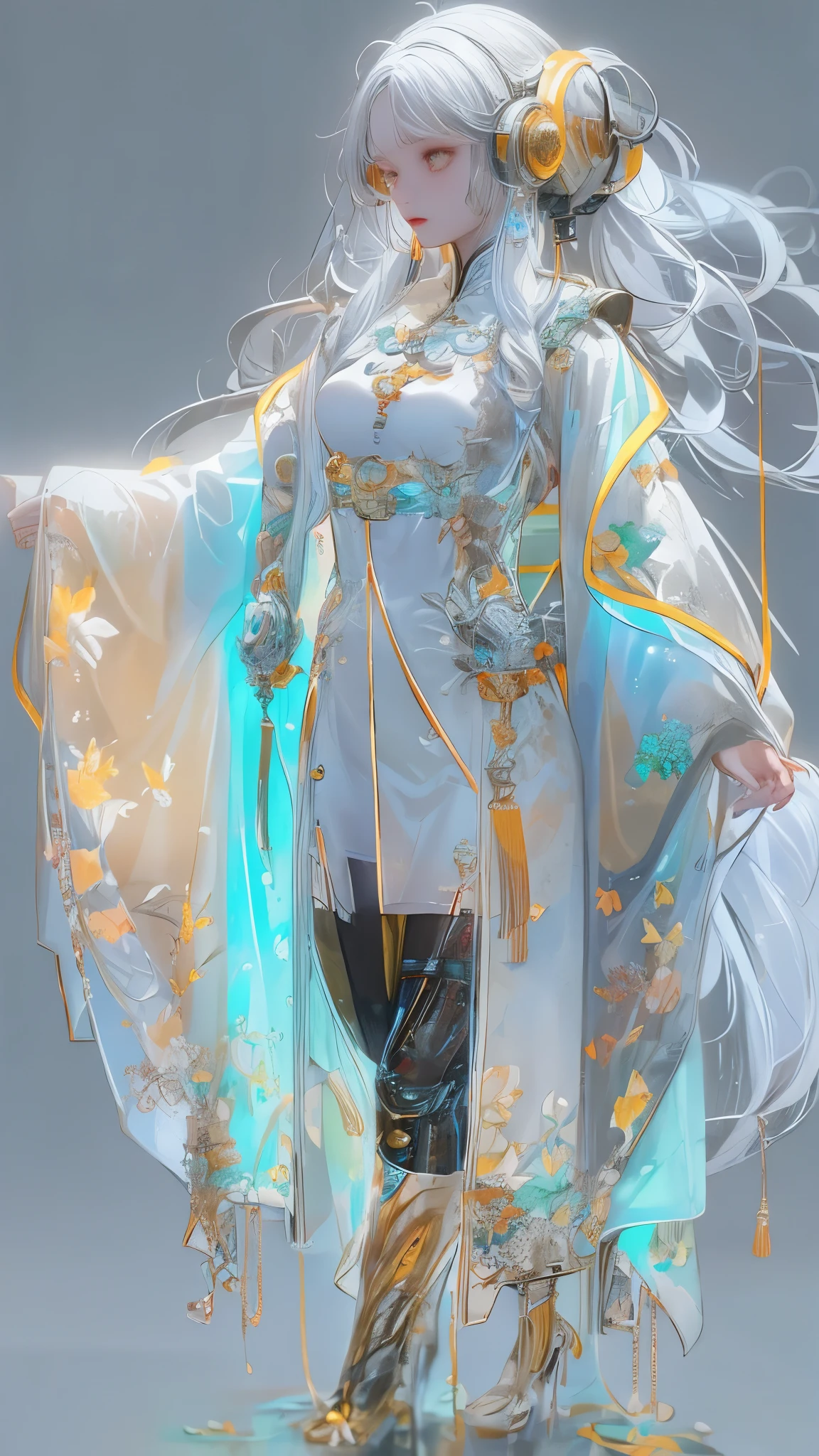 Tang suit,Chinese Hanfu,face close-up,a image of a woman wearing colorful robot tech, in the style of free-flowing surrealism, shiny/glossy, precise and lifelike, hard surface modeling, precisionist lines, light silver and azure, engineering/construction and design,Luminous headphones, Luminous hair accessories, long hair, Luminous earrings, glow necklace, cyberpunk,transparent clothes,rainbow colors