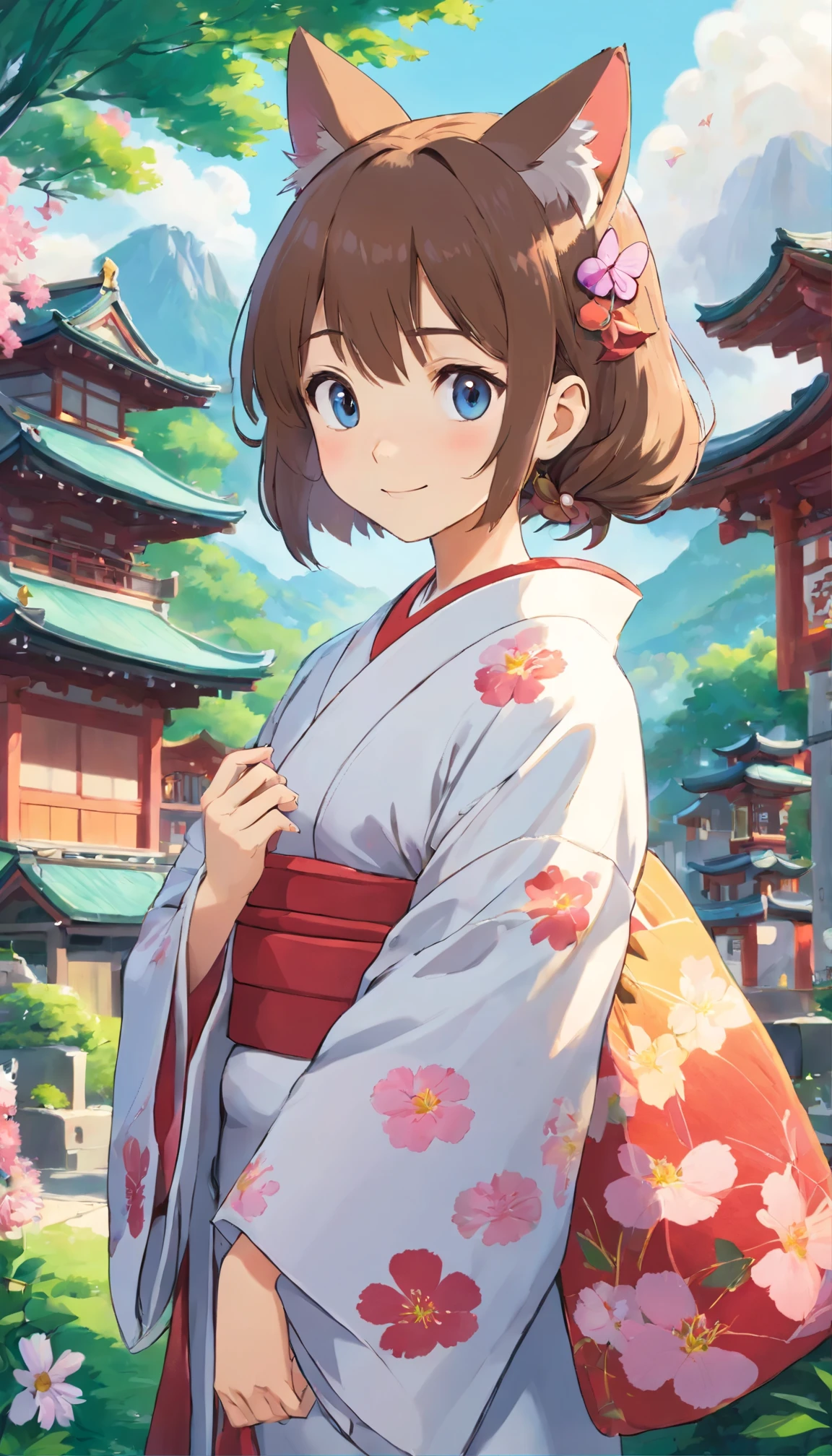 photoRealstic、Japan shrine in the background、a girl、cat ears、Wearing a kimono to celebrate Shichi-Go-San、Traditional events of Japan、Smile, kawaii pose 、 ultradetailed eyes、Full Paint、Floral hair ornament、butterfly hair ornament、on my right hand, I have a bag of Chitose candy、Strong bokeh、Flowers in the foreground