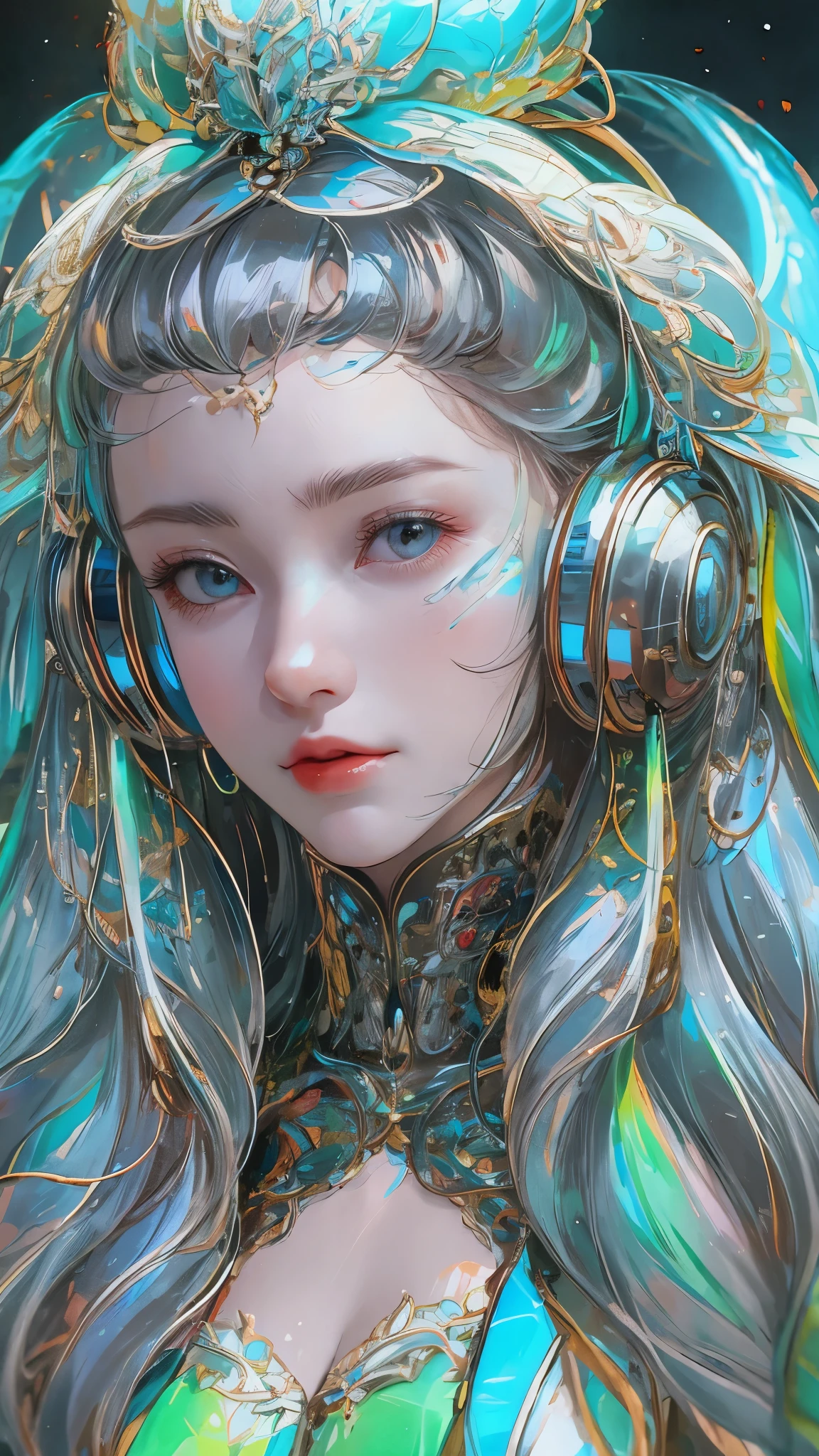 Tang suit,Chinese Hanfu,face close-up,a image of a woman wearing colorful robot tech, in the style of free-flowing surrealism, shiny/glossy, precise and lifelike, hard surface modeling, precisionist lines, light silver and azure, engineering/construction and design,Luminous headphones, Luminous hair accessories, long hair, Luminous earrings, glow necklace, cyberpunk,transparent clothes,rainbow colors