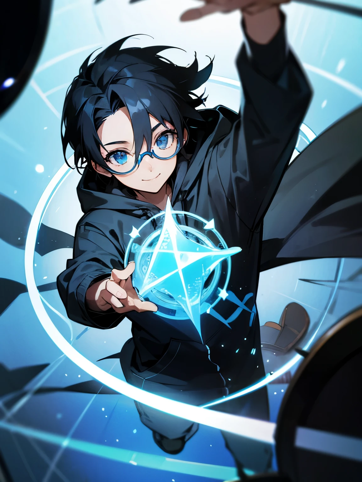 boy black hair blue eyes blue and black hoodie half-up smile round glasses magic circle