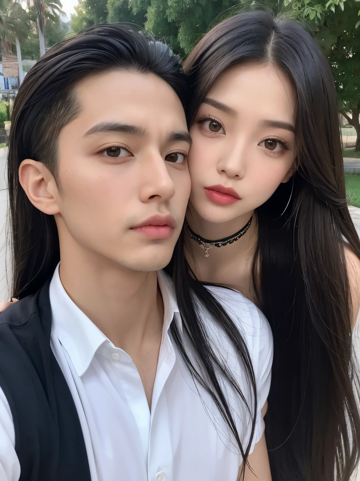 Kim Jennie con el cabello negro oscuro, con rulos en las puntas del cabello negro oscuro, con un ganchito de estrella en el cabello negro oscuro, ojos de color claro, ojos bonitos, ojos llorosos, nariz bonita y respingada, labios bonitos, labios rosas, heart and cupid shaped lip, piel bonita, pale, piel blanca, con lunares y pecas en todo el rostro, rubor rosa suave en las mejilla, rubor rosa natural, dark and gothic makeup, Jennie gotica, mientras ella esta con un chico lindo a su lado, with a cute asian boy standing next to her, mientras hay un torso de hombre, mientras el hombre'His hand is on his jaw.., manos bonitas de hombre, with a gothic boy, cuellos bonito, cuello marcado, frown, mirada enojada, con un collar de beso, un collar bonito de beso, mientras sus pezones son notorios (pechos grandes, pechos suaves, pechos bonitos, pechos naturales), con un vestido blanco, vestido corto y transparente, visible on the nipple, con un chico a su lado, con su novio, mirando a la camara, autofoto
