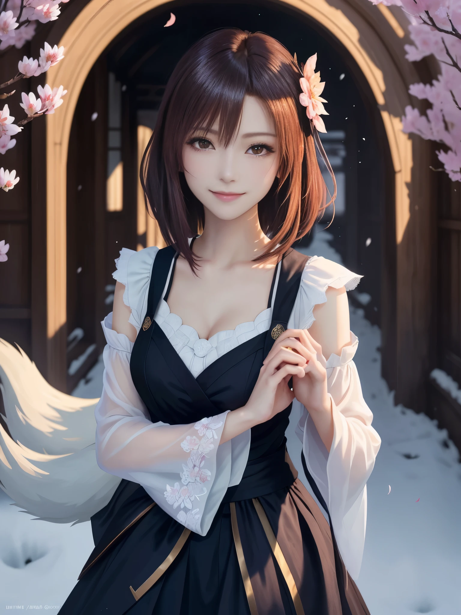 masterpiece , best quality,smile,smile,small face,shoulder exposure,some cleavage exposure,colorful hair,slender body shape,brown eyes,sharp contrast,short hair,Beautiful short hair,short cut hair,just one person,precision quality,Faithfully reproduced eyes, 一面に咲くcherry blossom background,snow scene,masterpiece, 幻想的なcherry blossom background,night,nightの背景,cherry blossom background,beautiful details, colorful, delicate details, delicate lips, intricate details, genuine, ultrargenuineista, 枝に座っている色とりどりの髪のFoxを持つ女の子:Mature, bright eyes, ,色とりどりのFox, raposa de nine tails, 三尾Fox, 三尾Fox, onmyoji detail art, beautiful fine art illustration, mythical creatures, Fox, beautiful digital art,shrine maiden,hold hands,exquisite digital illustration, mizutsune, Inspired by mythical wild web creatures, pixiv in digital art, shining light, high contrast, Mysterious,