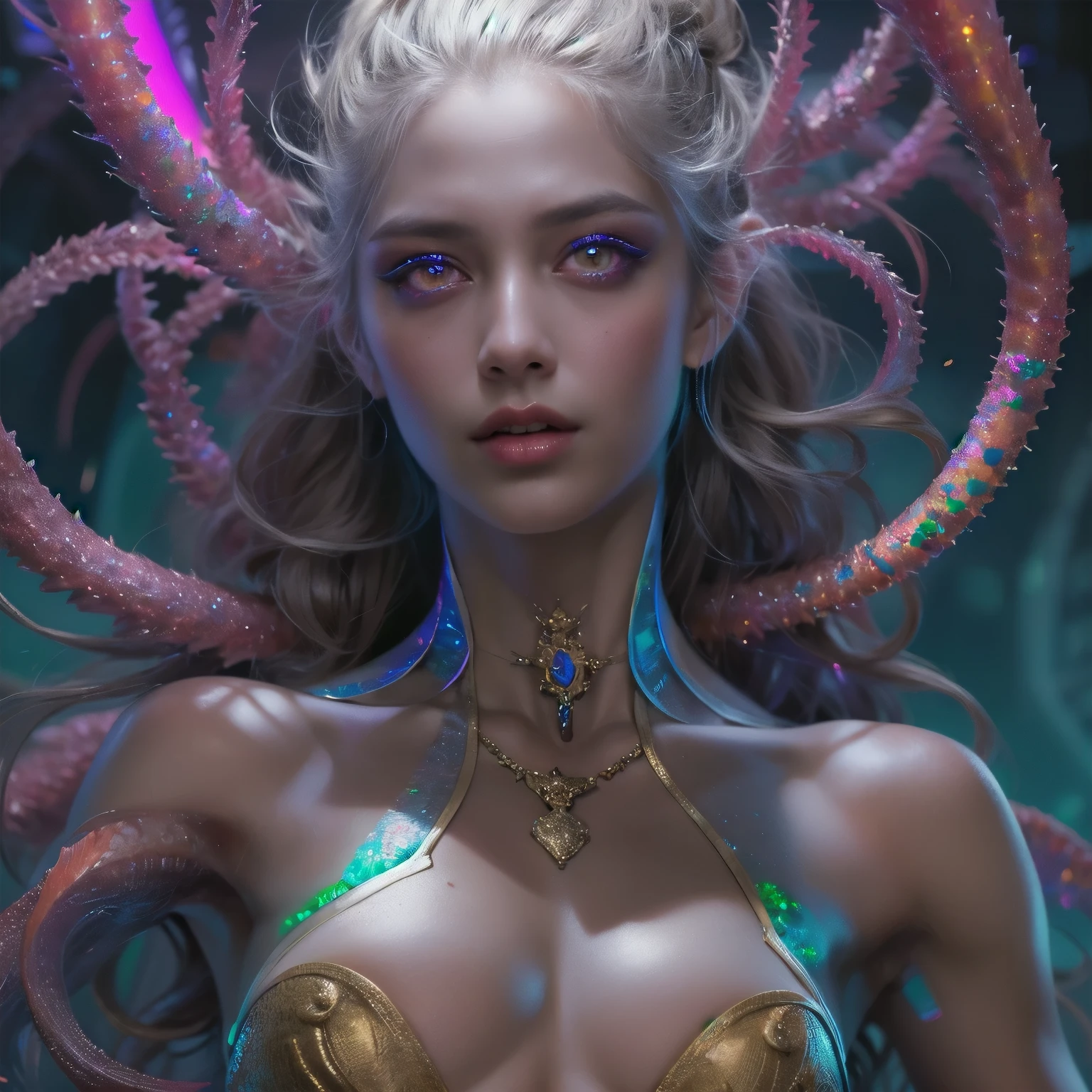 (1 female medusa-like mutant: 1.2), With a beautiful, enchanting face, this alien seduces us with her allure. Her captivating red eyes gleam brightly, reminiscent of burning embers. Her full body is unlike any human's, boasting a sexy, otherworldly form. No humans are present in this scene as she stands alone, her cells fused in a unique and intriguing extraterrestrial way.
(extraordinary beautiful nude photo:1.4), (glowing Black Opal eyes:1.5), (sexy and glamorous:1.1), (coquettish expression:1.2), toned lean body, (muscular:1.2), (beautiful abs:1.5), beautiful nipples, She has lots of iridescent translucent tentacles instead of her hair, pale skin, (white skin with prominent veins:1.3),
Lots of iridescent translucent tentacles adorn her body, shimmering under the dramatic lighting. Her pale skin, with a hint of translucency, adds to her ethereal allure. This masterpiece, rendered in, (There is a female genital-like organ in the middle of the forehead:1.6),
