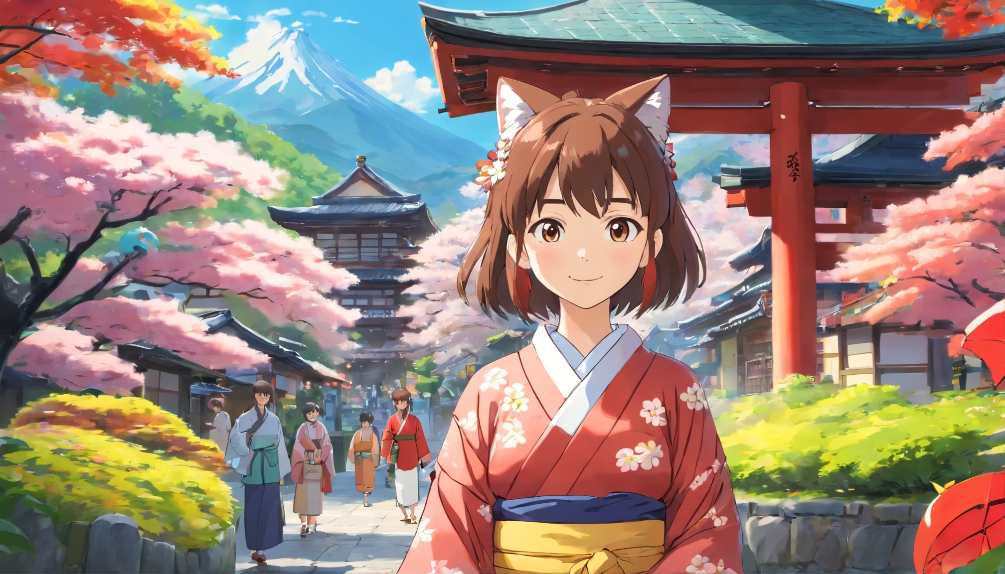 photoRealstic、Japan shrine in the background、a girl、cat ears、Wearing a kimono to celebrate Shichi-Go-San、Traditional events of Japan、Smile, kawaii pose 、 ultradetailed eyes、Full Paint、Floral hair ornament、on my right hand, I have a bag of Chitose candy、Strong bokeh、Flowers in the foreground