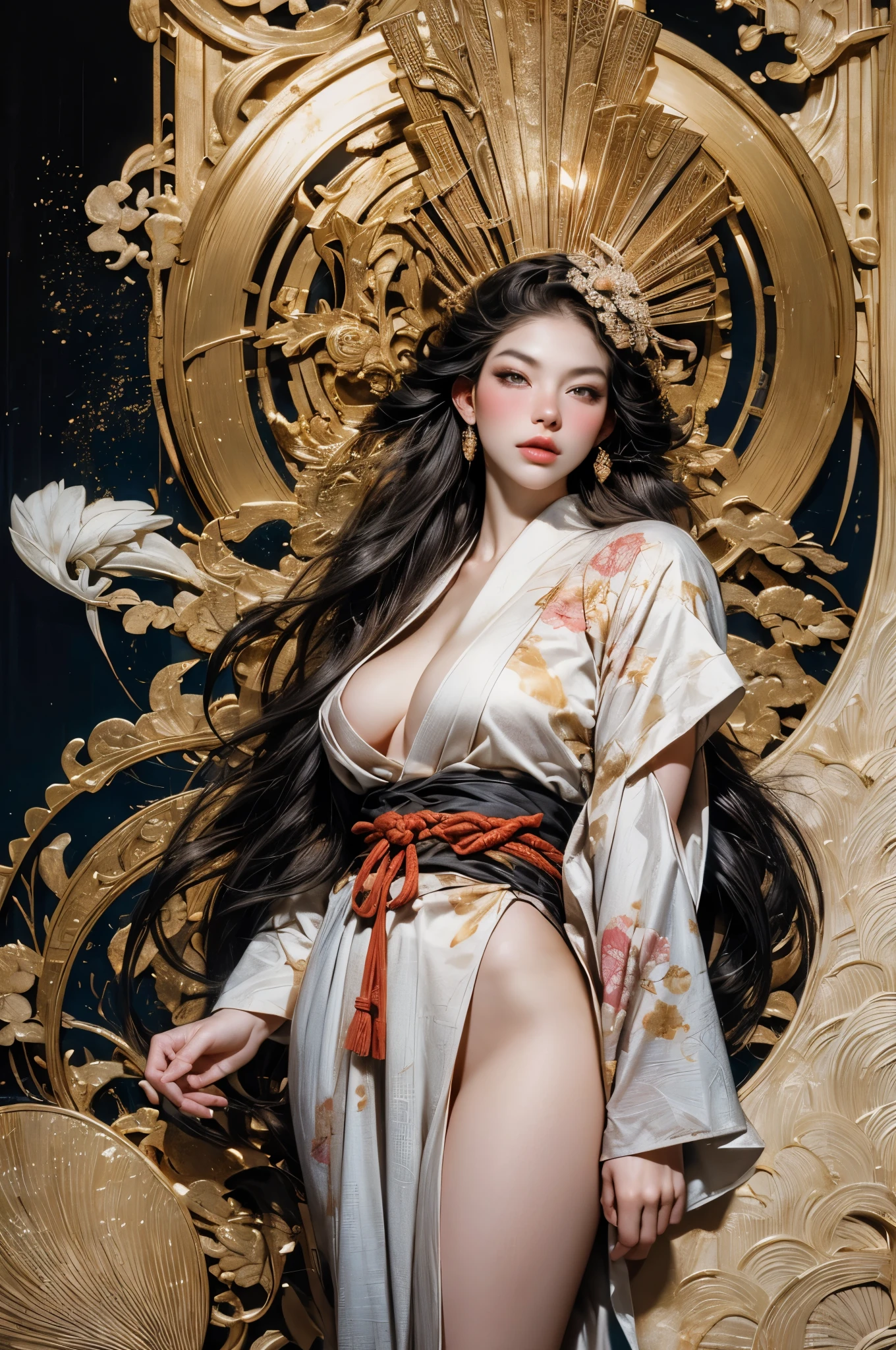 Umalinda warrior sexy, pretty face, Delicious Company, Alluring figure, Wearing a sexy open kimono. The artwork is created in a medium reminiscent of Japanese ink paintings....., 具有大胆的笔触和Monochromatic color palette. artist'Masterful technique reveals the intensity and power of the image'sense of presence,with the highest quality, Perfectly capture every detail with ultra-high resolution. Textures and intricate patterns on kimonos are rendered with extreme precision. Lighting is carefully designed,Enhance drama, Features deep shadows and subtle highlights. General, The artwork exudes elegance and power, Combining traditional Japanese aesthetics with a modern feel. Monochromatic color palette, Combine details, Create captivating and immersive experiences for your audience.