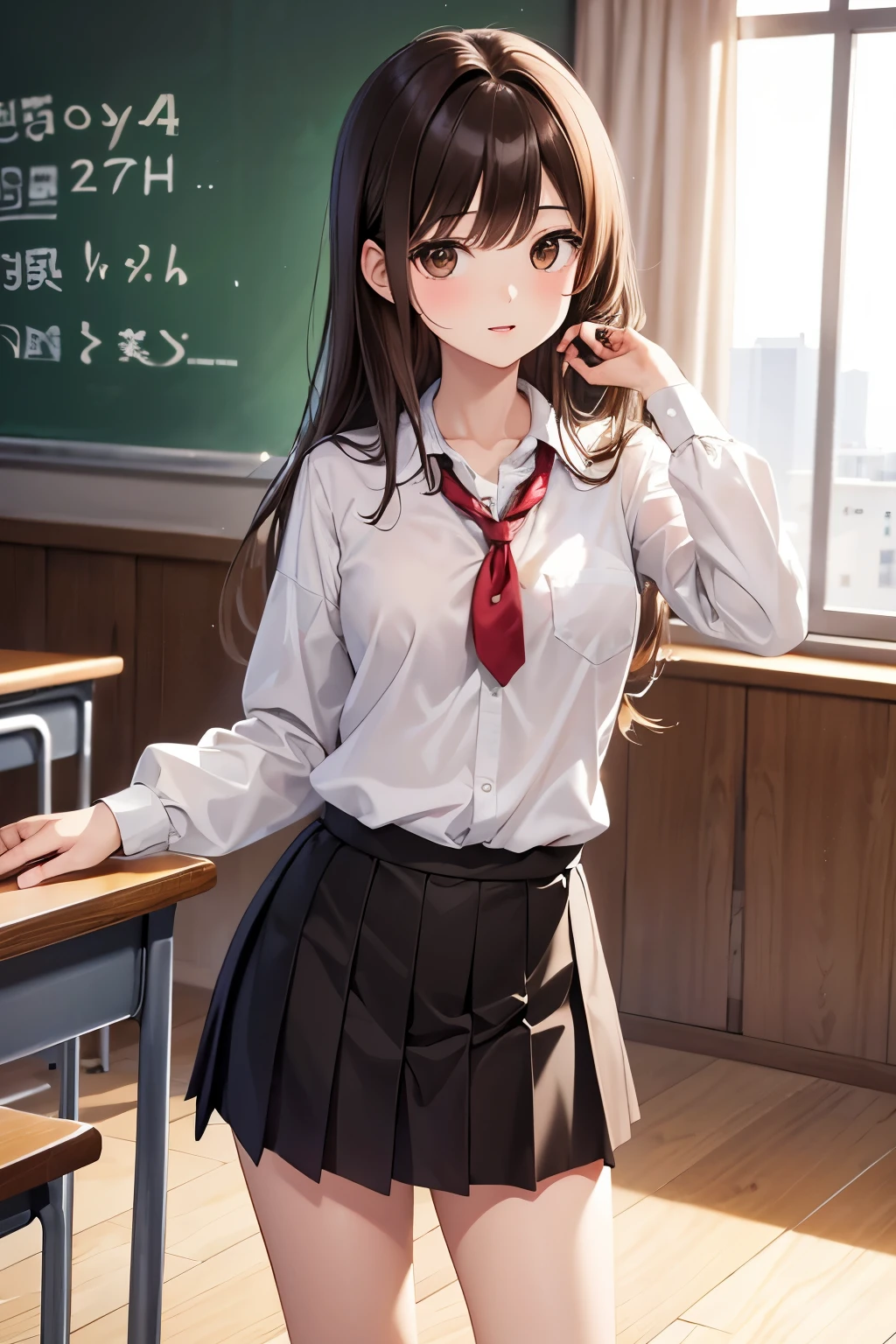 best quality, highres,Slender、brown eyes、tall、brown hair、shortcut,School、classroom、uniform、22 years old、swaying hair、parted bangs