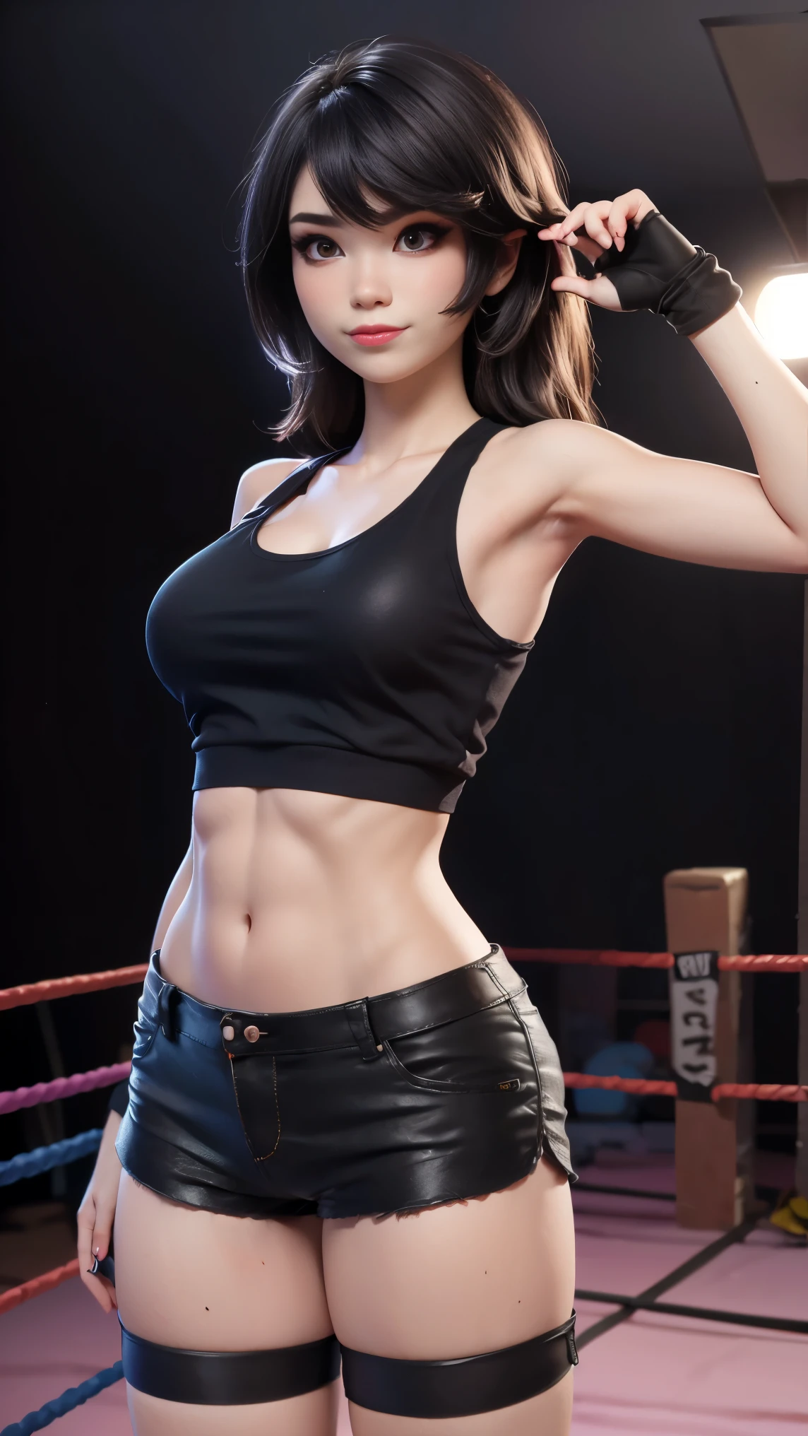 photo of Emiru, RAW, beautiful woman, ((portrait)), ((detailed face:1.2)), shy smile, ((detailed facial feature, detailed skin, clear skin), (perfect proportioned bod, exposed stomach, toned abs, toned arms), (wearing revealing tank top and shorts, :1.5), prone, leaning, seductive smile, full body, high detailed boxing ring environment), (realistic photo, best quality, detailed), (8k wallpaper), (cinematic lighting, dramatic lighting) (sharp focus, intricate)