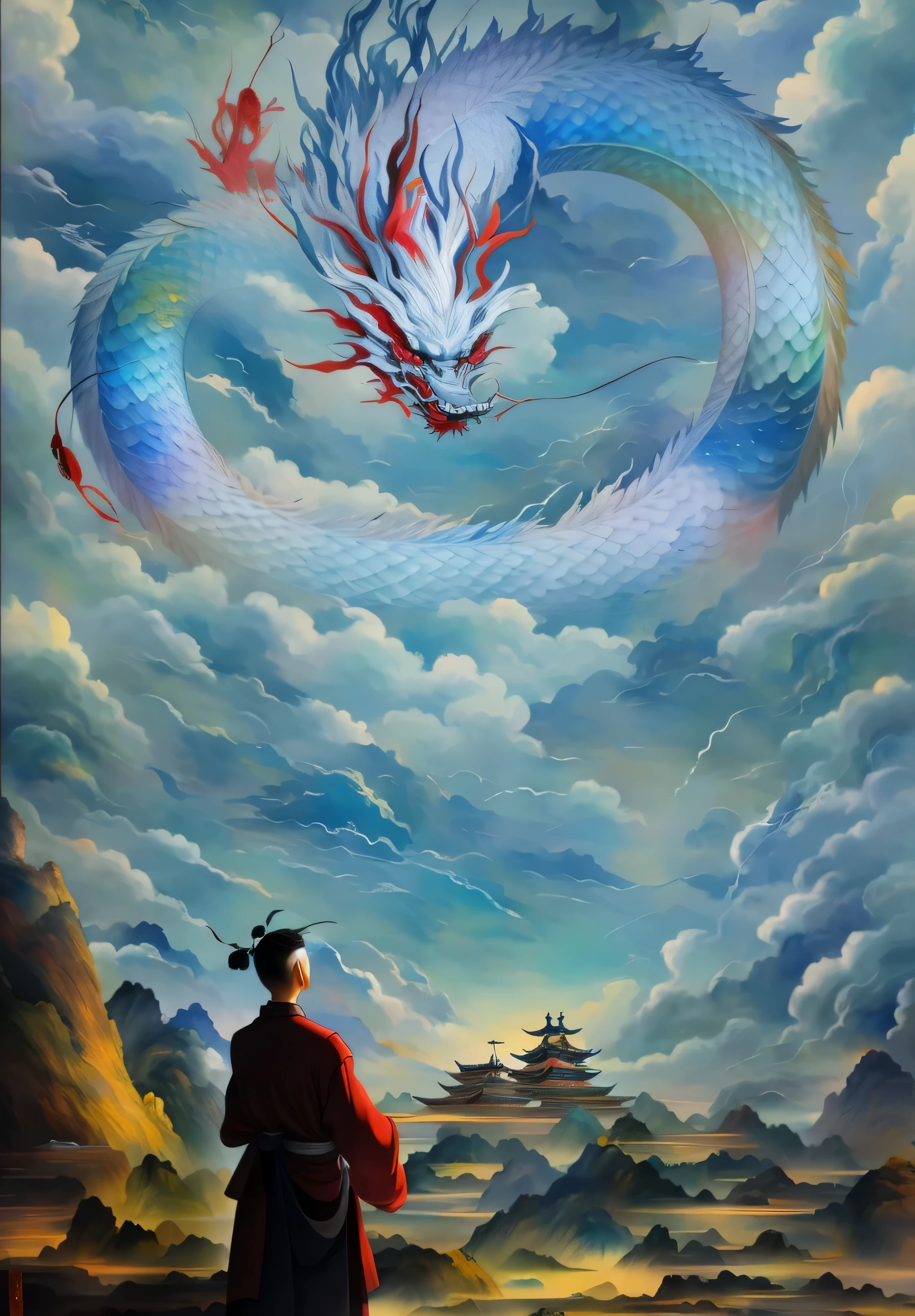 painting of a man standing in front of a painting of a dragon, home, chinese surrealism, dragon in the sky, inspired by Tosa Mitsuoki, inspired by Ren Xun, by Ju Lian, akira from chinese mythology, by Wen Boren, inspired by Yang Buzhi, chinese fantasy, inspired by Li Rongjin, by Ren Renfa, by Li Zai