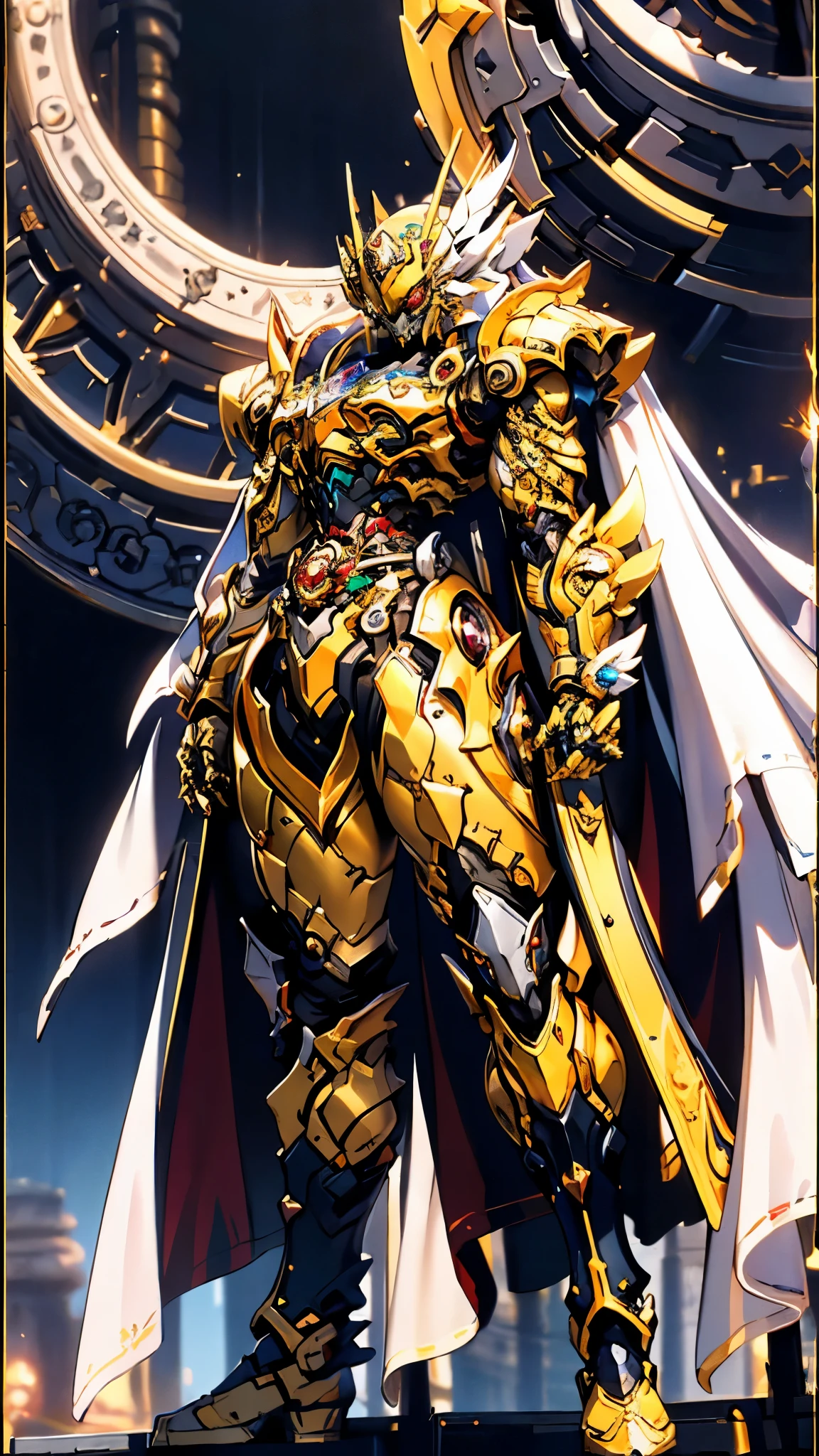 A woman adorned in fantasy-style full-body armor, a crown-concept fully enclosed helmet that unveils only her eyes, a composite layered chest plate, fully encompassing shoulder and hand guards, a lightweight waist armor, form-fitting shin guards, the overall design is heavy-duty yet flexible, ((the armor gleams with a golden glow, complemented by red and blue accents)), exhibiting a noble aura, she floats above a fantasy-surreal high-tech city, this character embodies a finely crafted fantasy-surreal style armored hero in anime style, exquisite and mature manga art style, (Queen bee mixed with Spider concept Armor, plasma, blood), ((Element, energy, elegant, goddess, femminine:1.5)), metallic, high definition, best quality, highres, ultra-detailed, ultra-fine painting, extremely delicate, professional, anatomically correct, symmetrical face, extremely detailed eyes and face, high quality eyes, creativity, RAW photo, UHD, 32k, Natural light, cinematic lighting, masterpiece-anatomy-perfect, masterpiece:1.5