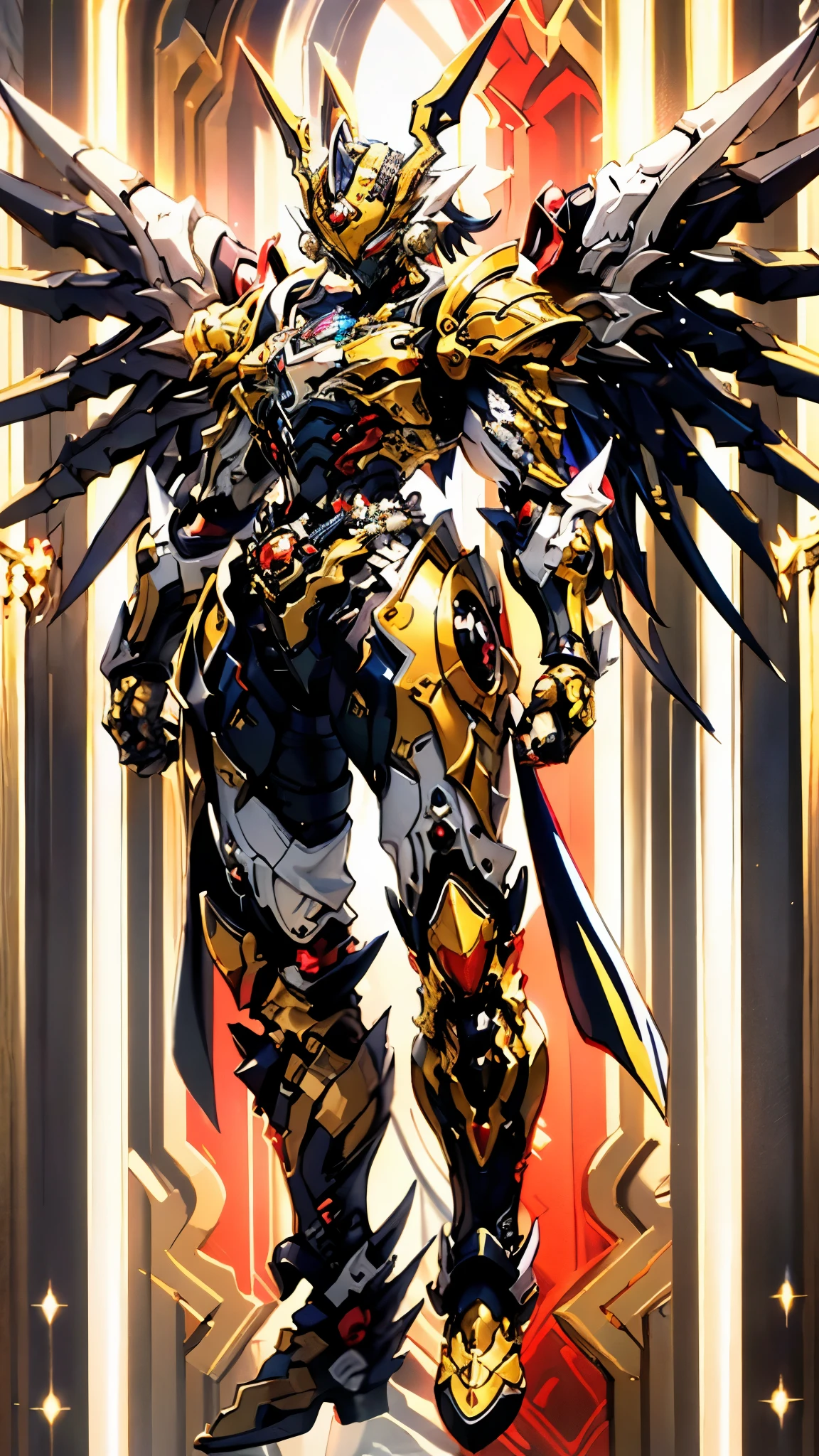 A woman adorned in fantasy-style full-body armor, a crown-concept fully enclosed helmet that unveils only her eyes, a composite layered chest plate, fully encompassing shoulder and hand guards, a lightweight waist armor, form-fitting shin guards, the overall design is heavy-duty yet flexible, ((the armor gleams with a golden glow, complemented by red and blue accents)), exhibiting a noble aura, she floats above a fantasy-surreal high-tech city, this character embodies a finely crafted fantasy-surreal style armored hero in anime style, exquisite and mature manga art style, (Queen bee mixed with Spider concept Armor, plasma, blood), ((Element, energy, elegant, goddess, femminine:1.5)), metallic, high definition, best quality, highres, ultra-detailed, ultra-fine painting, extremely delicate, professional, anatomically correct, symmetrical face, extremely detailed eyes and face, high quality eyes, creativity, RAW photo, UHD, 32k, Natural light, cinematic lighting, masterpiece-anatomy-perfect, masterpiece:1.5