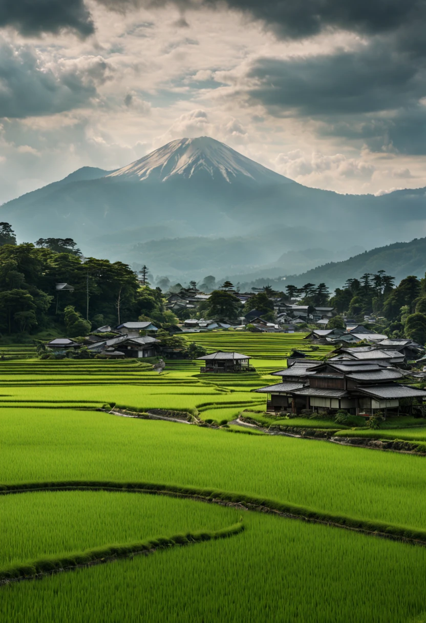 📷 A stunning panoramic view of a vibrant green rice paddy in rural Japan, medium: hyper-realistic photography, style: capturing the tranquil beauty of the Japanese countryside, lighting: soft natural light with clouds overhead, colors: lush greens contrasted with browns, composition: shot with a Fujifilm GFX 100S, GF 32-mm f/4 R LM WR lens, resolution 100 megapixels, ISO 100, f/11 aperture, shutter speed 1/125s. The rice paddy stretches endlessly with mountains in the distance, aesthetic