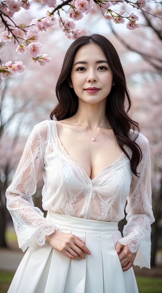 NSFW, ((highest quality, 8k, masterpiece, portrait: 1.3)), photorealism, Similar to portrait photography, intense natural light, soft lighting, 8k, high quality, (Park with a pond), ((one big cherry tree)), (A woman looking up at the cherry blossoms alone,) ((Look up at the cherry blossoms far above your head)), Age: 43 years old, ((Look up diagonally to the left)), (gentle expression), (smile), (lips slightly open), ( white lace blouse), (cleavage:1.2), (long skirt with pleats), (high heels), 