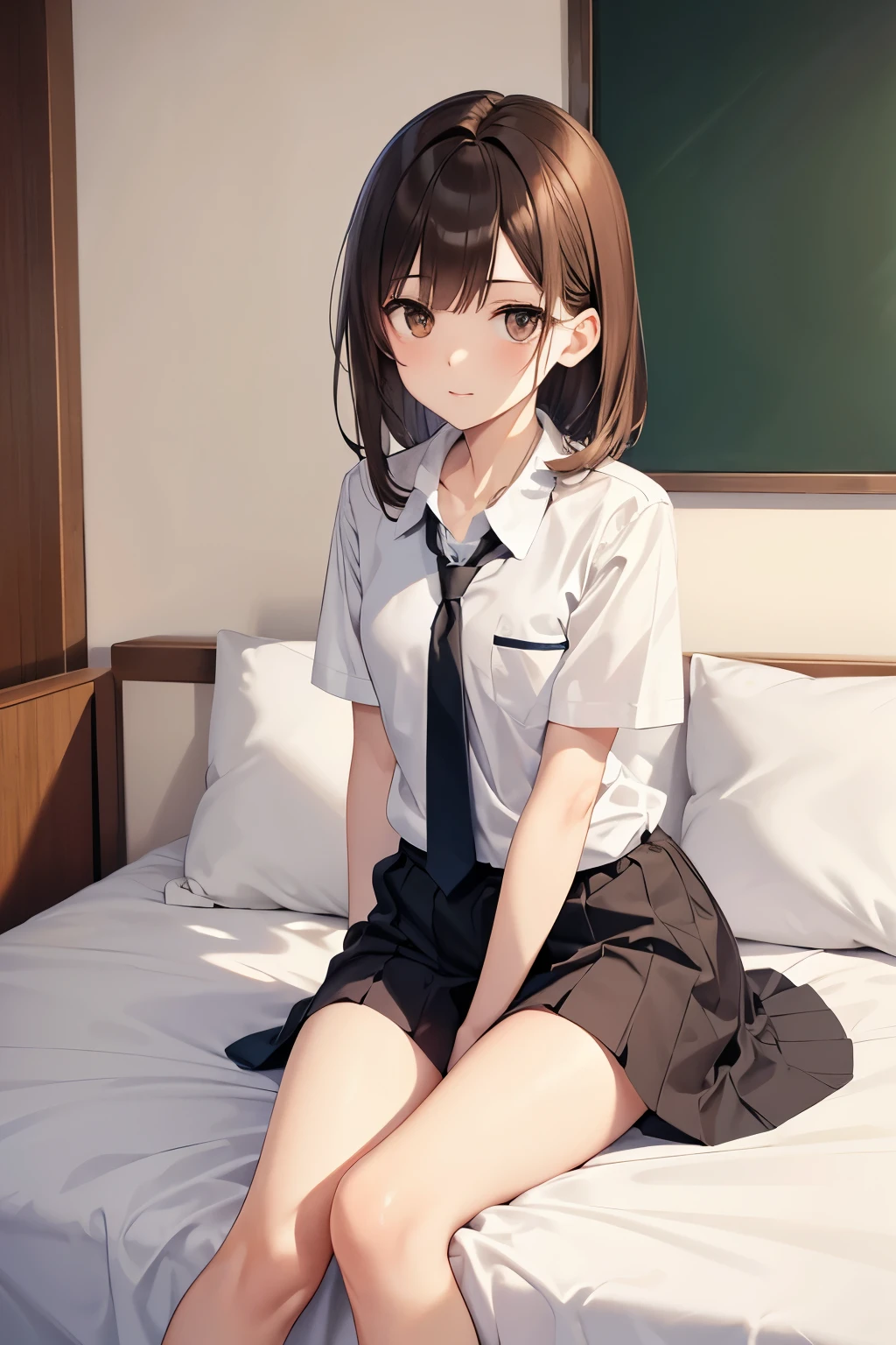 best quality, highres,Slender、small face、brown eyes、tall、brown hair、shortcut,Hotel、sitting on the bed、school uniform、22 years old、Mature、gray tie
