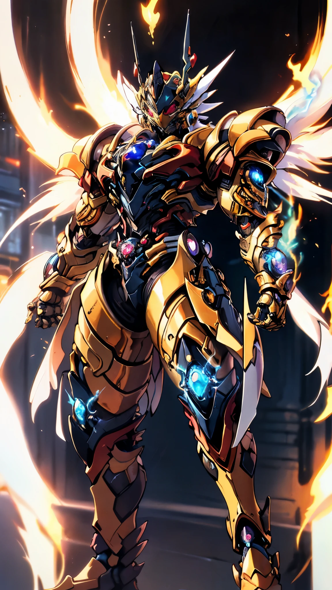 A woman adorned in fantasy-style full-body armor, a crown-concept fully enclosed helmet that unveils only her eyes, a composite layered chest plate, fully encompassing shoulder and hand guards, a lightweight waist armor, form-fitting shin guards, the overall design is heavy-duty yet flexible, ((the armor gleams with a golden glow, complemented by red and blue accents)), exhibiting a noble aura, she floats above a fantasy-surreal high-tech city, this character embodies a finely crafted fantasy-surreal style armored hero in anime style, exquisite and mature manga art style, (Queen bee mixed with Spider concept Armor, plasma, blood), ((Element, energy, elegant, goddess, femminine:1.5)), metallic, high definition, best quality, highres, ultra-detailed, ultra-fine painting, extremely delicate, professional, anatomically correct, symmetrical face, extremely detailed eyes and face, high quality eyes, creativity, RAW photo, UHD, 32k, Natural light, cinematic lighting, masterpiece-anatomy-perfect, masterpiece:1.5