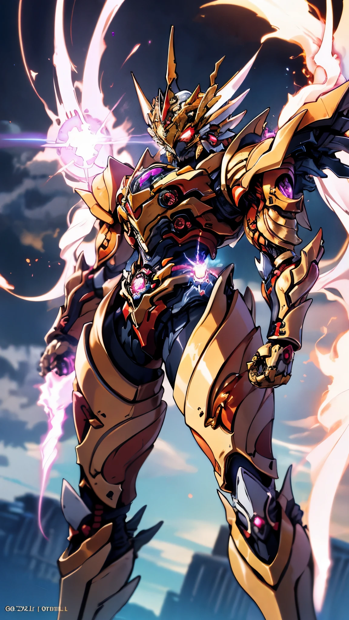A woman adorned in fantasy-style full-body armor, a crown-concept fully enclosed helmet that unveils only her eyes, a composite layered chest plate, fully encompassing shoulder and hand guards, a lightweight waist armor, form-fitting shin guards, the overall design is heavy-duty yet flexible, ((the armor gleams with a golden glow, complemented by red and blue accents)), exhibiting a noble aura, she floats above a fantasy-surreal high-tech city, this character embodies a finely crafted fantasy-surreal style armored hero in anime style, exquisite and mature manga art style, (Queen bee mixed with Spider concept Armor, plasma, blood), ((Element, energy, elegant, goddess, femminine:1.5)), metallic, high definition, best quality, highres, ultra-detailed, ultra-fine painting, extremely delicate, professional, anatomically correct, symmetrical face, extremely detailed eyes and face, high quality eyes, creativity, RAW photo, UHD, 32k, Natural light, cinematic lighting, masterpiece-anatomy-perfect, masterpiece:1.5
