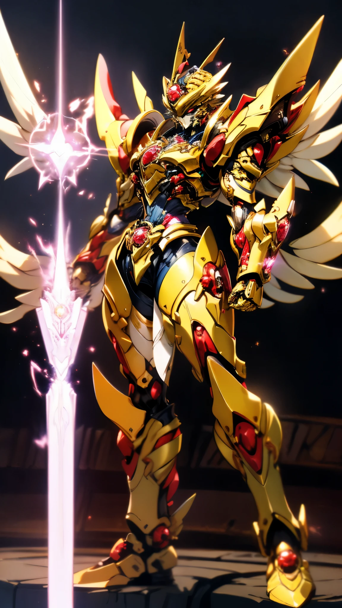 A woman adorned in fantasy-style full-body armor, a crown-concept fully enclosed helmet that unveils only her eyes, a composite layered chest plate, fully encompassing shoulder and hand guards, a lightweight waist armor, form-fitting shin guards, the overall design is heavy-duty yet flexible, ((the armor gleams with a golden glow, complemented by red and blue accents)), exhibiting a noble aura, she floats above a fantasy-surreal high-tech city, this character embodies a finely crafted fantasy-surreal style armored hero in anime style, exquisite and mature manga art style, (Queen bee mixed with Spider concept Armor, plasma, blood), ((Element, energy, elegant, goddess, femminine:1.5)), metallic, high definition, best quality, highres, ultra-detailed, ultra-fine painting, extremely delicate, professional, anatomically correct, symmetrical face, extremely detailed eyes and face, high quality eyes, creativity, RAW photo, UHD, 32k, Natural light, cinematic lighting, masterpiece-anatomy-perfect, masterpiece:1.5