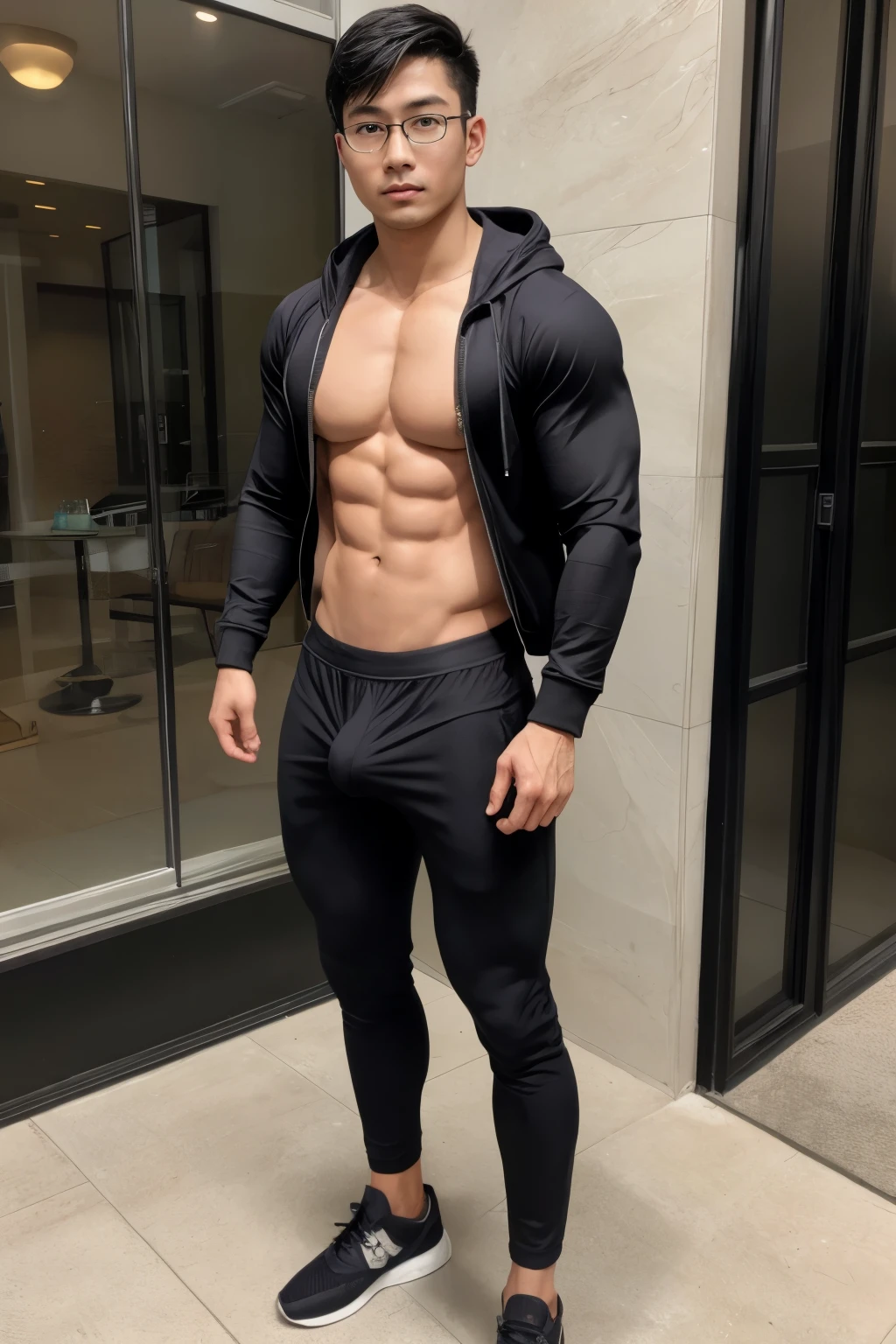 A man in a black jacket and black pants standing in front of a glass door -  SeaArt AI