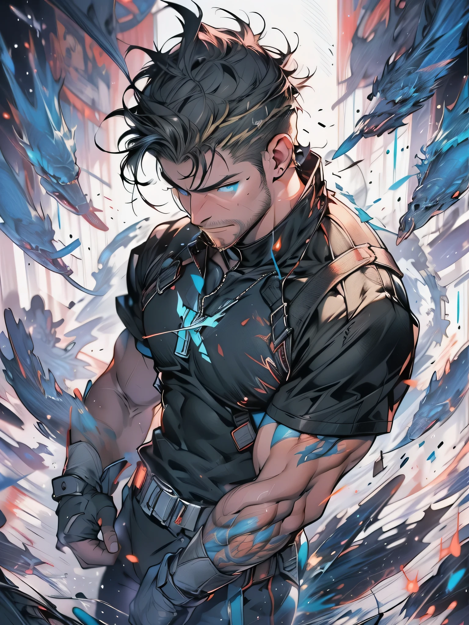 (best quality, masterpiece:1.2), male, 黑色short hair, blue eyes, topless, Bright colors, glowing image, (Priest:1.2), muscular, short beard, Mature, Glowing particle effect, church, powerful, rough face, (Falling feathers), black armor, (bare chest:1.3), evil smile, blonde hair, short hair, Cowboy shooting, from below, from above, masterpiece, anatomically correct, high quality,