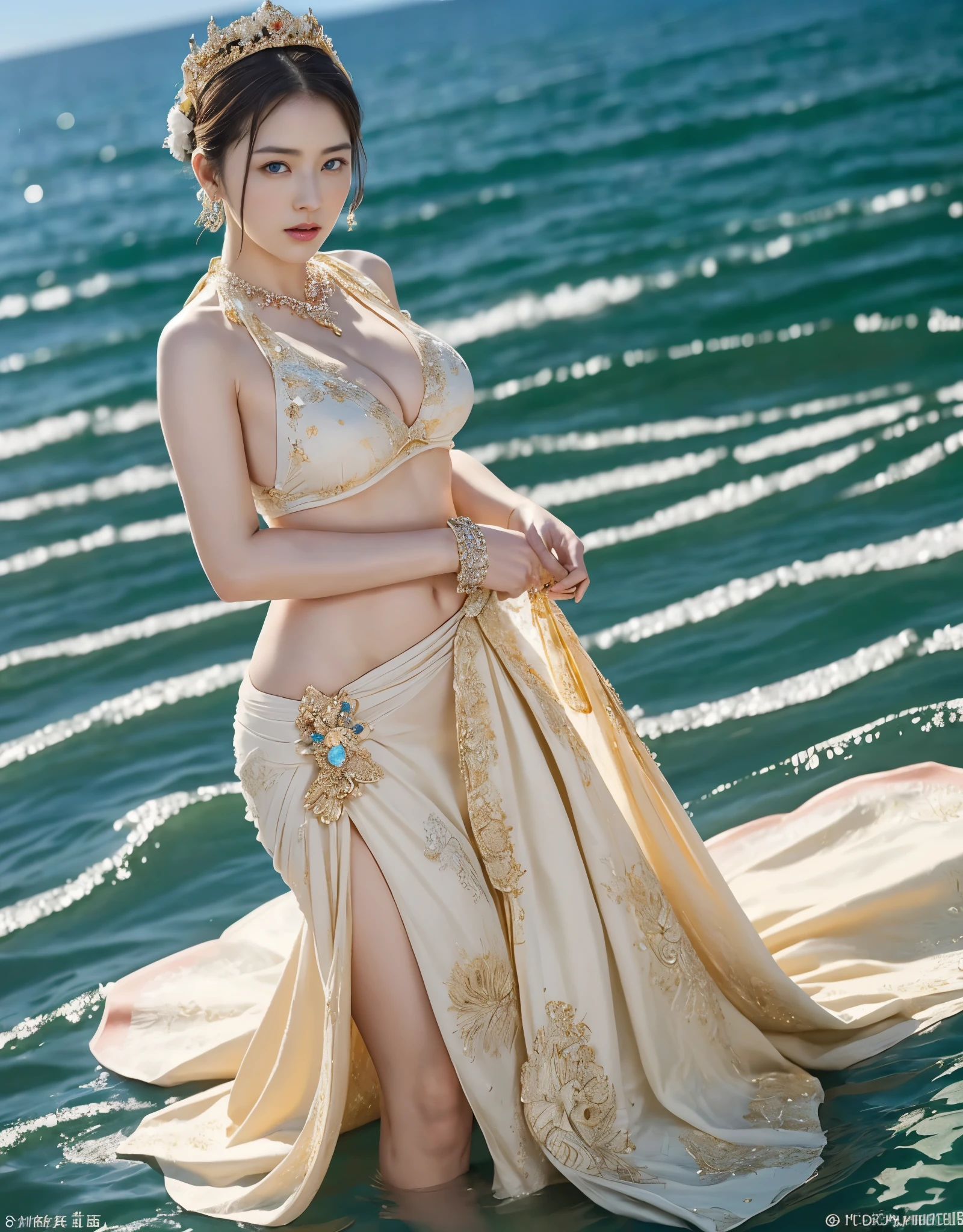 highest quality、masterpiece、超A high resolution、16K photos、（Yellow Dragon Armor）、(((big breasts)))、(((a large flower ornament))),(((Micro bikini with attention to detail))),(wears a beautiful crown made of precious stones),(Photoreal:1.4)、RAW photo、1 girl、(((random hair))、(((take various poses)))、glowing skin、(((white dragon)))、intricate and gorgeous hair ornaments、（Looks like a gorgeous jewelry necklace）、（whole body angle）、（fight big dragonet bikini）、((beautiful sea background)),(beautiful sea background)、((Super realistic details))、Portrait、global illumination、（sexy pose）、Shadow、octane rendering、16K、big breasts、Raw skin exposed in the cleavage、Metal、intricate decorative details、Japan details、very intricate details、blue eyes、Eyes shining towards the camera、two stock、（whole body angle）、（veil）、(((heavy big))),((she is wearing a beautiful jeweled bangle.)),