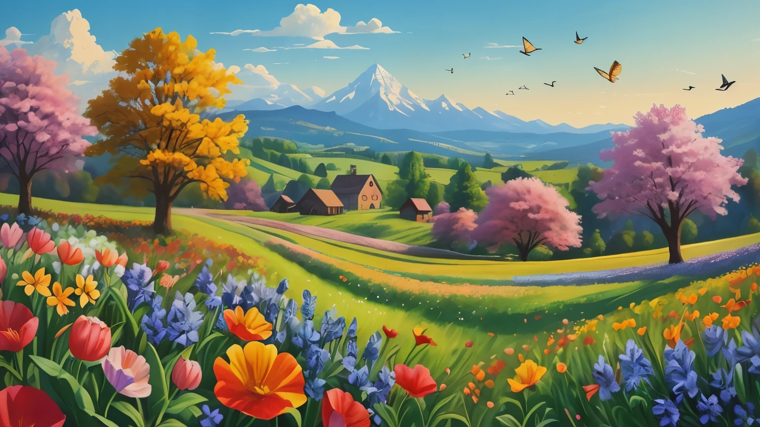 A beautiful spring landscape painting,There is a house and a mountain, author:Franz Hagy, scenery artwork, landscape art detailed, spring morning, author:Rainer Horsch, Beautiful art ultra hd 4k, author:Armin Baumgarten, Colorful landscape painting, rural scenery, Beautiful scenery, Vast and lush valley flower, Summer landscape with mountains, official artwork, artwork