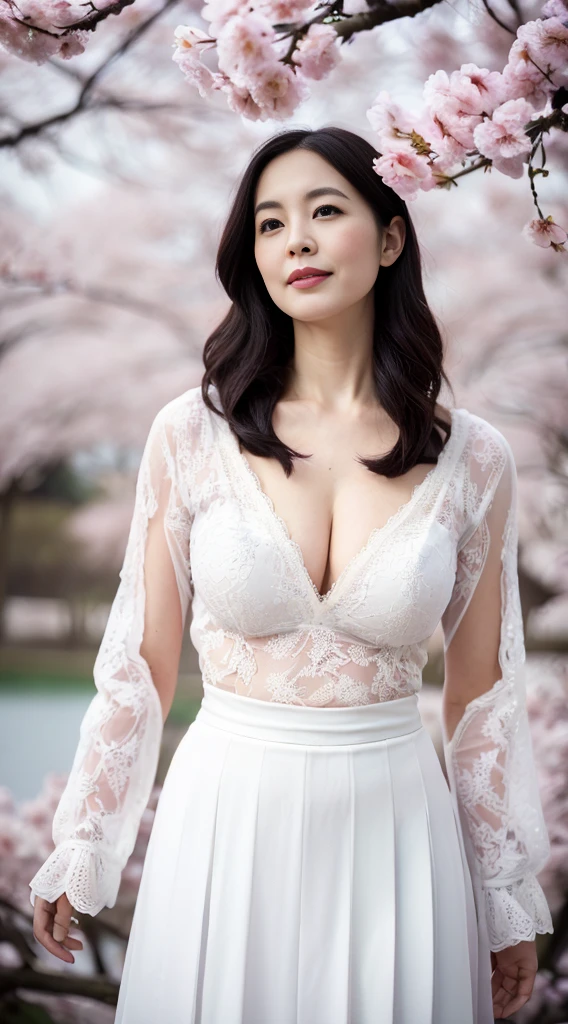 NSFW, ((highest quality, 8k, masterpiece, portrait: 1.3)), photorealism, Similar to portrait photography, intense natural light, soft lighting, 8k, high quality, (Park with a pond), ((one big cherry tree)), (A woman looking up at the cherry blossoms alone,) ((Look up at the cherry blossoms far above your head)), Age: 43 years old, ((Look up diagonally to the left)), (gentle expression), (smile), (lips slightly open), ( white lace blouse), (cleavage:1.2), (long skirt with pleats), (high heels), 