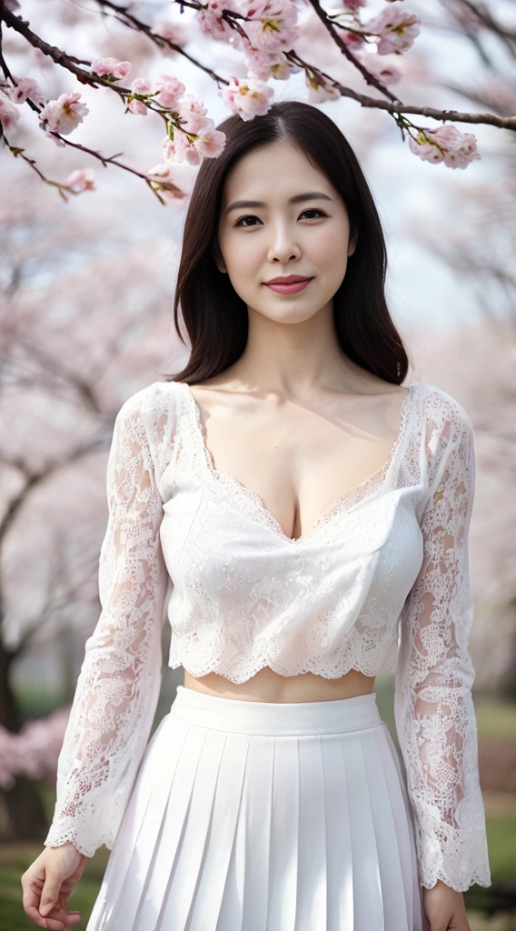 NSFW, ((highest quality, 8k, masterpiece, portrait: 1.3)), photorealism, Similar to portrait photography, intense natural light, soft lighting, 8k, high quality, (Park with a pond), ((one big cherry tree)), (A woman looking up at the cherry blossoms alone,) ((Look up at the cherry blossoms far above your head)), Age: 43 years old, ((Look up diagonally to the left)), (gentle expression), (smile), (lips slightly open), ( white lace blouse), (cleavage:1.2), (long skirt with pleats), (high heels), 
