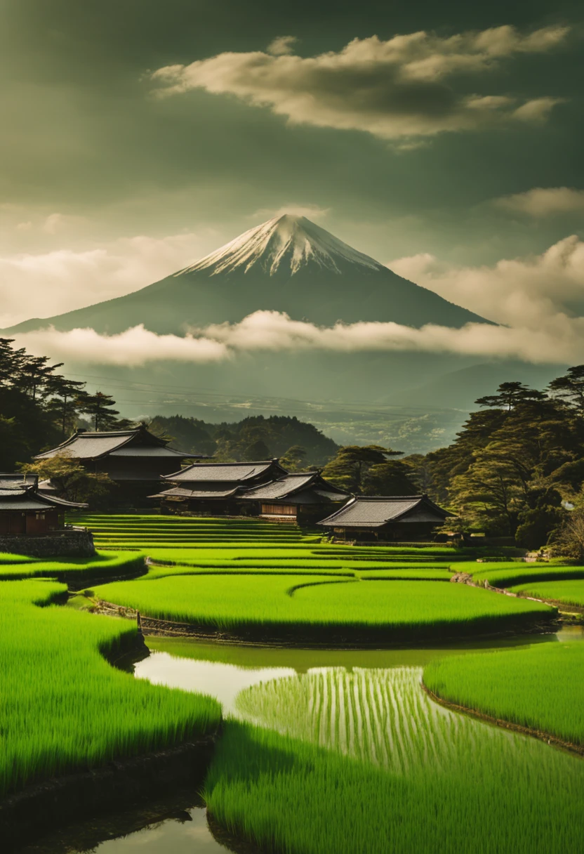 📷 A stunning panoramic view of a vibrant green rice paddy in rural Japan, medium: hyper-realistic photography, style: capturing the tranquil beauty of the Japanese countryside, lighting: soft natural light with clouds overhead, colors: lush greens contrasted with browns, composition: shot with a Fujifilm GFX 100S, GF 32-mm f/4 R LM WR lens, resolution 100 megapixels, ISO 100, f/11 aperture, shutter speed 1/125s. The rice paddy stretches endlessly with mountains in the distance, aesthetic