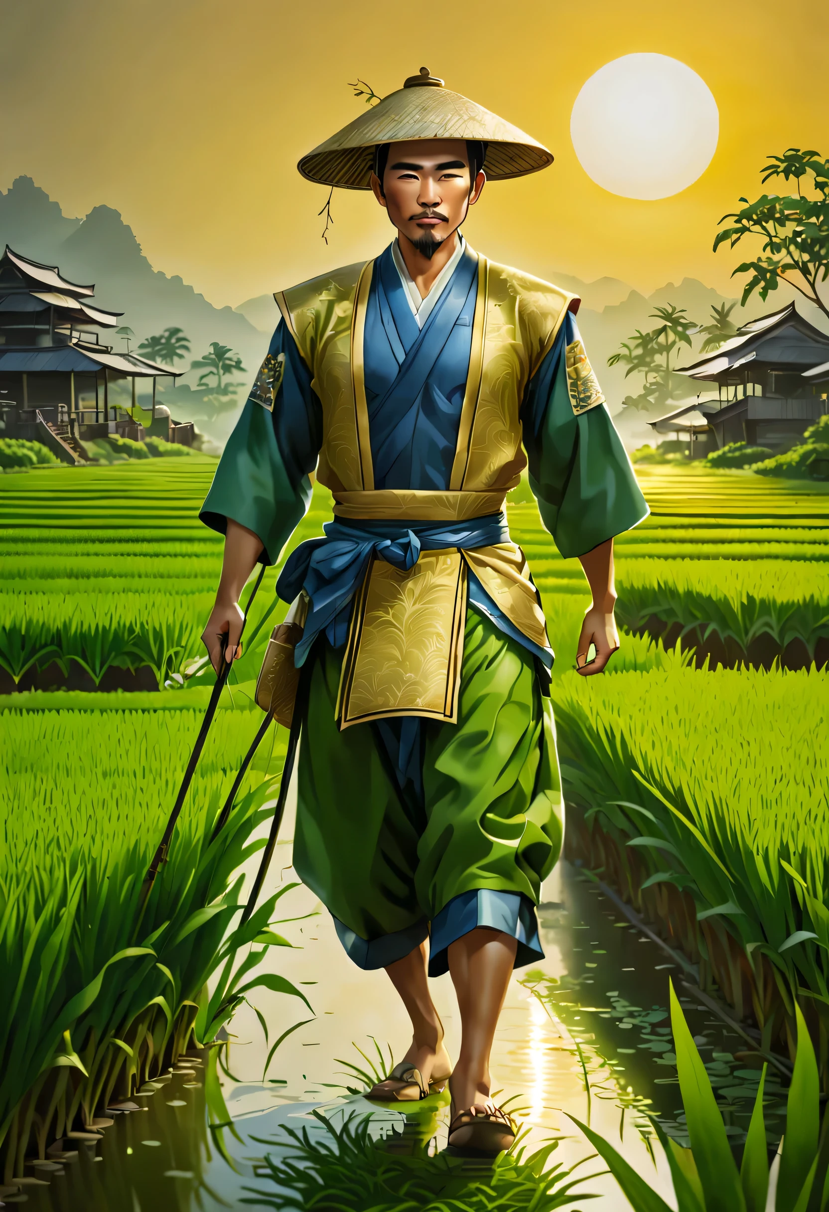 art by mooncryptowow, Depict a serene yet intricate rice paddy field under the golden sunrise, with a dedicated farmer dressing up in traditional attire, tending to his crops with utmost care and attention, showcasing the harmony between man and nature in a realistic and detailed style.