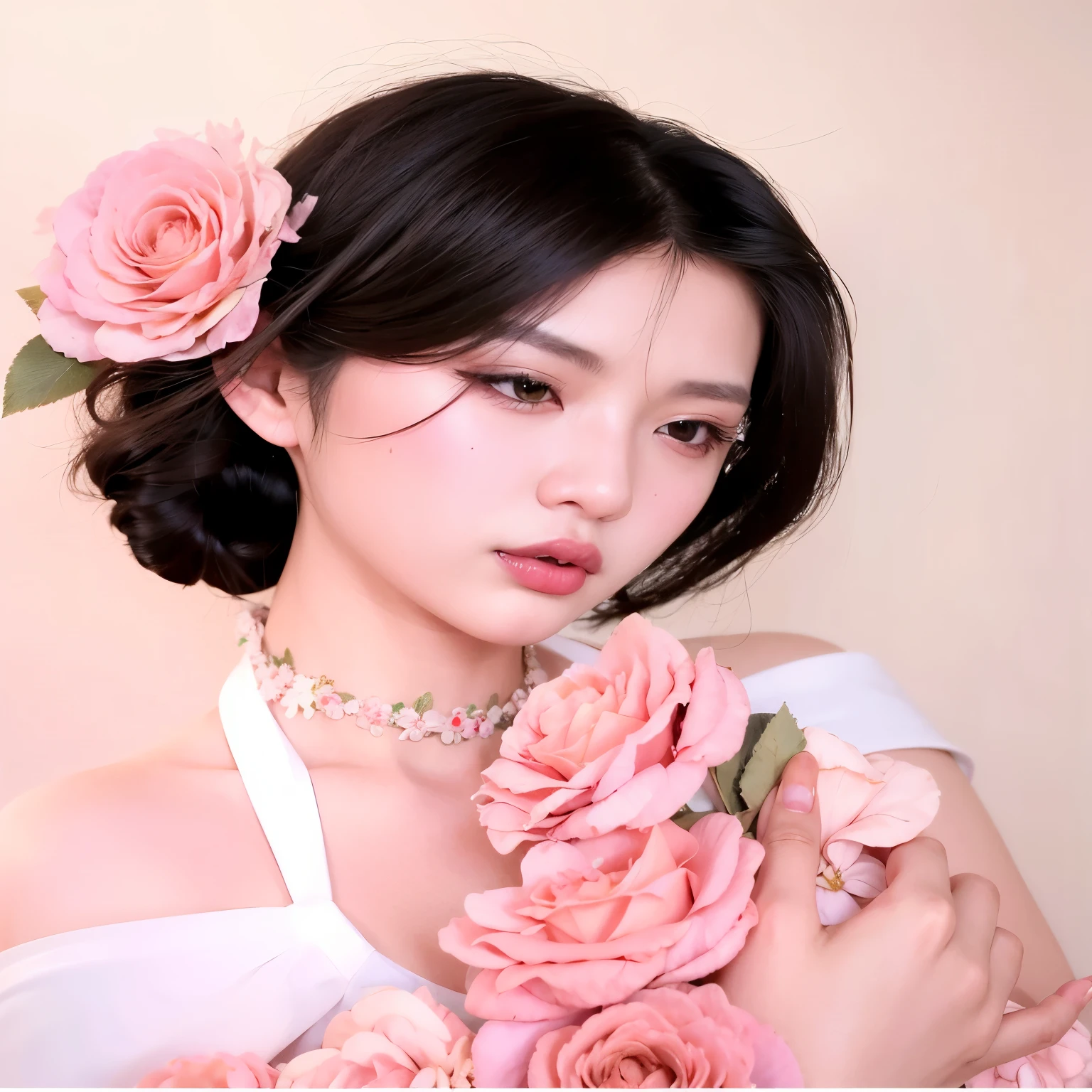 tem uma mulher com uma flor no cabelo posando para uma foto, inspirado em Sim Sa-jeong, maquiagem sul-coreana popular, inspirado em Yanjun Cheng, Ulzzang, maquiagem coreana popular, com flores, Jinyoung Shin, Jaeyeon Nam, inspirado em Jin Nong, inspirado em Jeong Seon, Heonhwa Choe, taejune kim