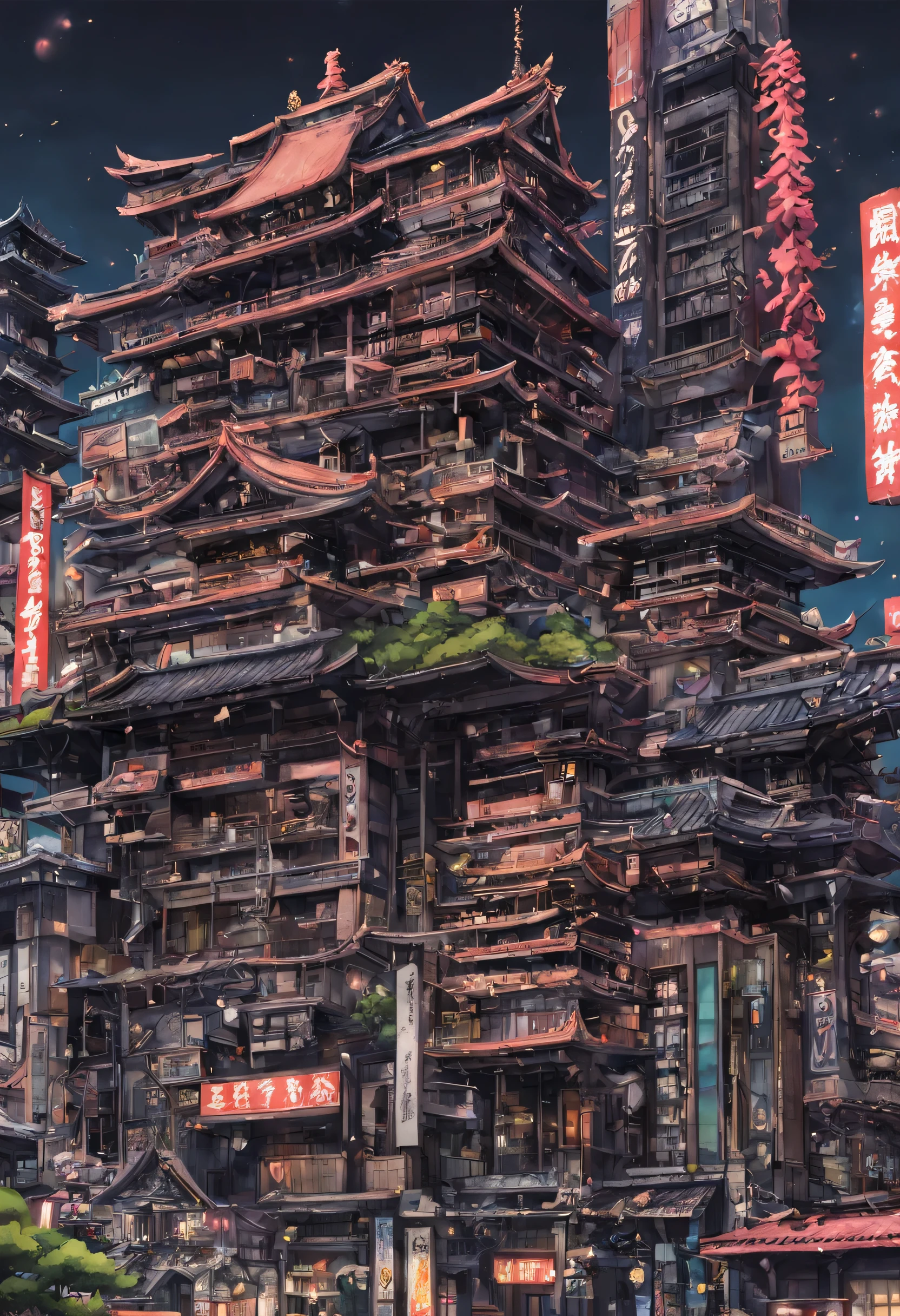 Highest quality Kyoto punk full of detail, Zukuri, anime style, fantasy, wonderous fantasy megastructure outside of reality