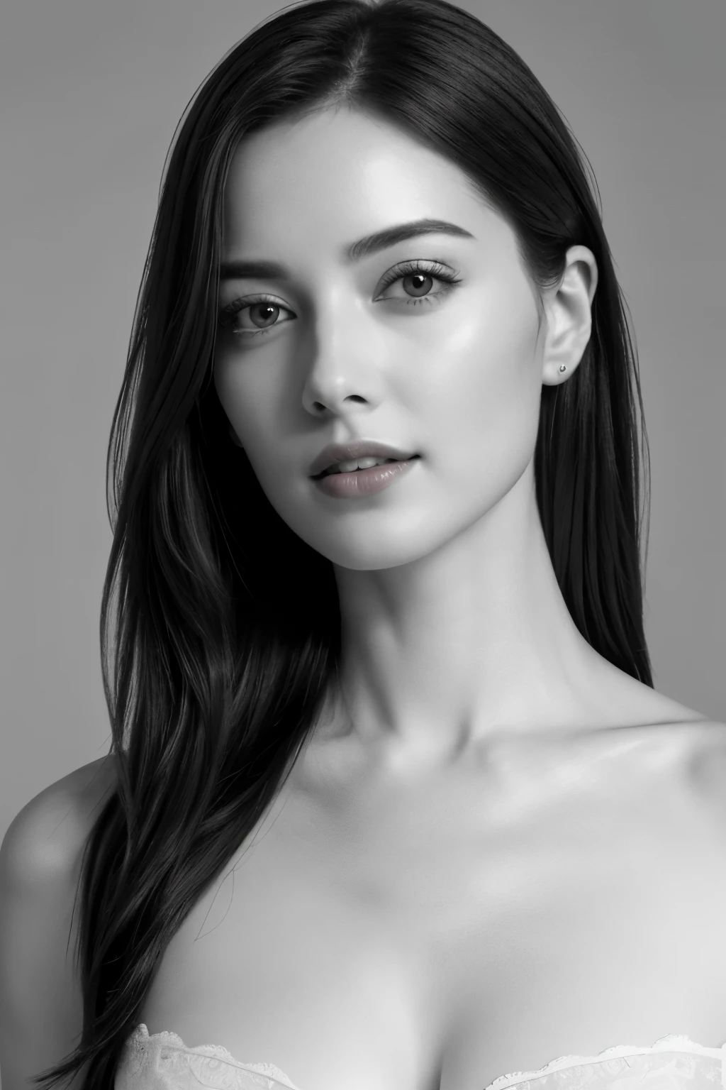 8k wallpaper, highest quality, masterpiece, realistic, Photoreal, super detailed, well-shaped small breasts, model style, RAW photo of 29 year old woman, (((monochrome photography))), 1 girl, ((facing the front)), upper body photo, ((pale vermilion lips)), detailed clavicle, perfect face, straight hair, super detailed, film grain, 超realistic, ultra realistic texture