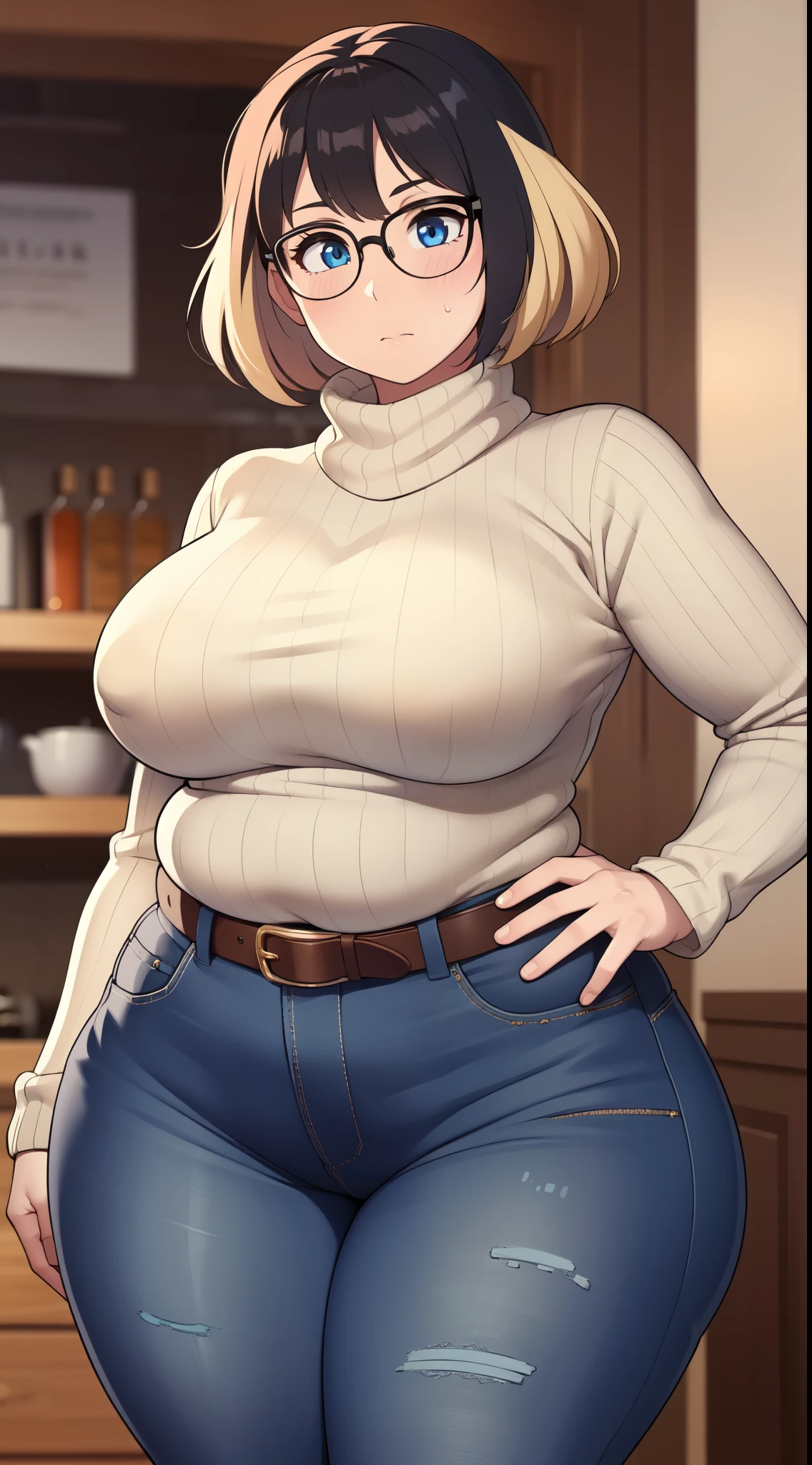 ((Masterpiece)), perfect anatomy, perfect shading, field of depth, (best quality), extremely delicate and beautiful, perfect lighting, detailed face, ultra cute face, cute, (cowboy shot 1.2), full body, (((1girl))), ((solo)), looking at viewer,
short hair, fluffy hair, blonde hair, blue eyes, Glasses, ((Blush)), shy, nervous, (black turtleneck sweater 1.5), (jeans 1.2), belt, extremely tight clothes, medium breasts, ((wide hips)), ((thick thighs)), ((chubby)),
coffee shop, intricate background, detailed background,