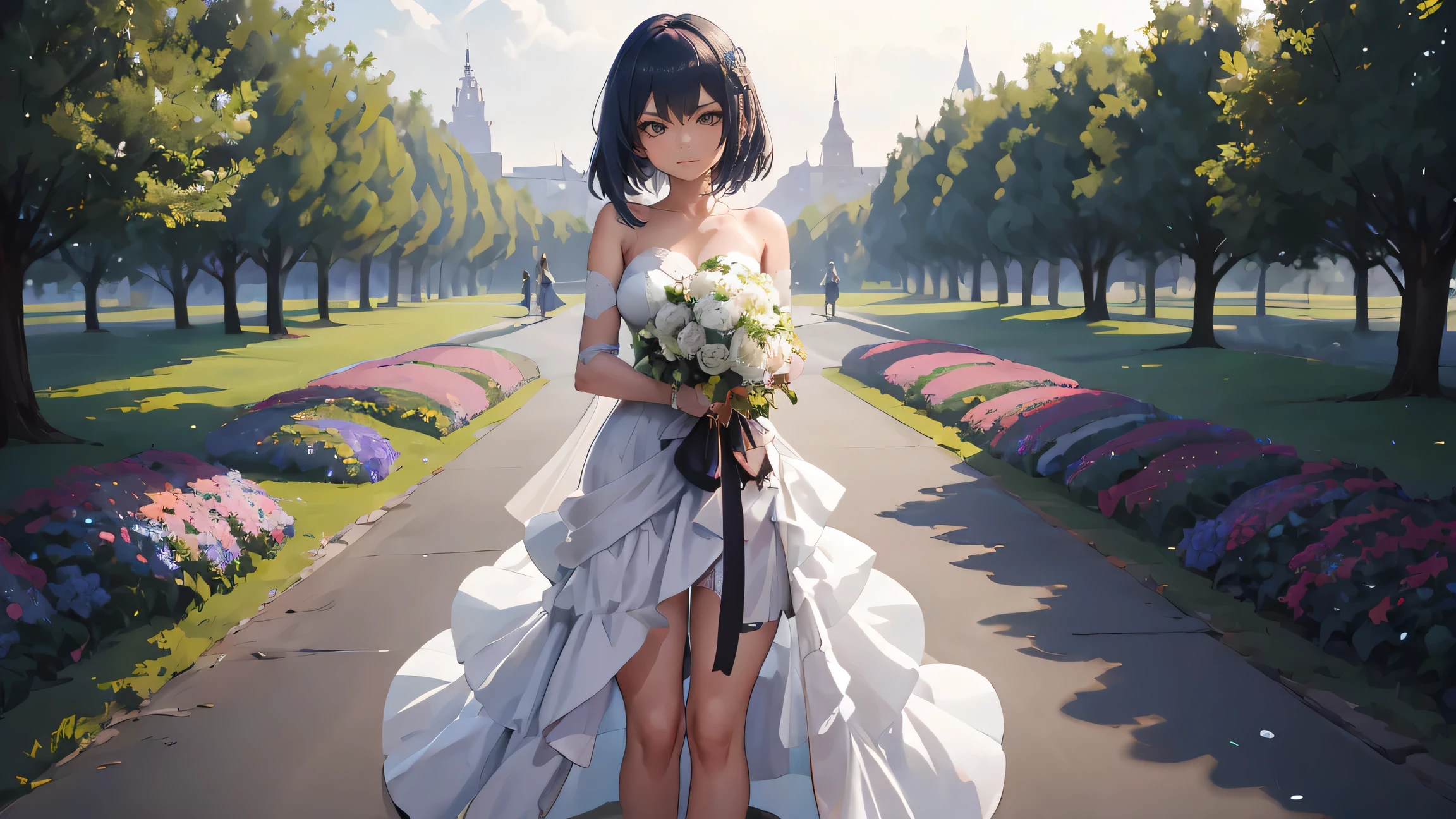 Kujou Sara | genshin impact, master-piece, bestquality, 1girls,25 years old, proportional body, proportional., Wedding Dresses, White Wedding Dress, Long skirt, wedding, ,bara, Standing in the middle of a flower garden, outdoor, wedding, The sky is beautiful, Both hands hold a bouquet of flowers................................................., View viewers from the front., Thigh strap, Head tilt, bored, 10, 10, HD, slight smile,