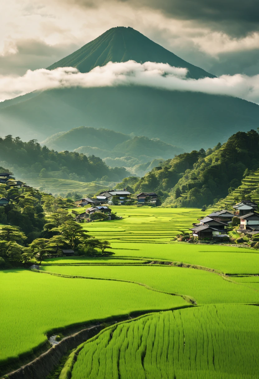 📷 A stunning panoramic view of a vibrant green rice paddy in rural Japan, medium: hyper-realistic photography, style: capturing the tranquil beauty of the Japanese countryside, lighting: soft natural light with clouds overhead, colors: lush greens contrasted with browns, composition: shot with a Fujifilm GFX 100S, GF 32-mm f/4 R LM WR lens, resolution 100 megapixels, ISO 100, f/11 aperture, shutter speed 1/125s. The rice paddy stretches endlessly with mountains in the distance, aesthetic