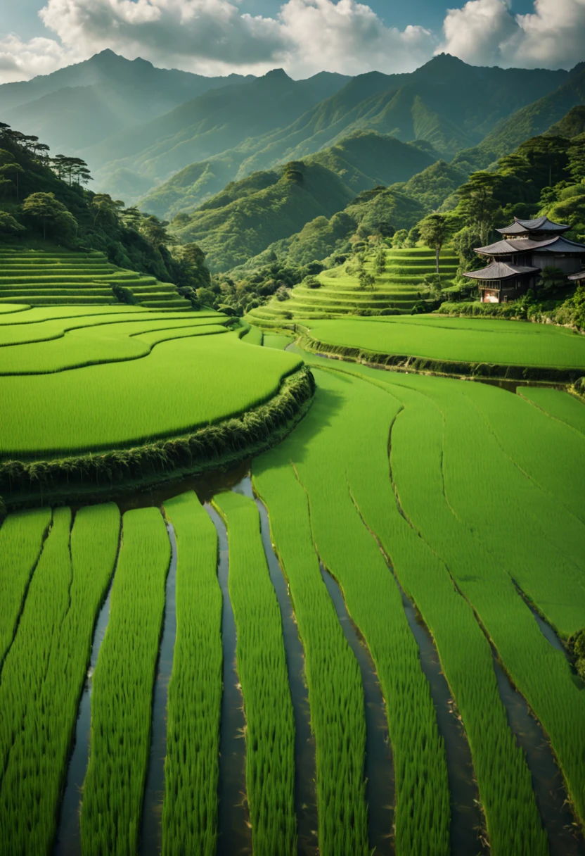 📷 A stunning panoramic view of a vibrant green rice paddy in rural Japan, medium: hyper-realistic photography, style: capturing the tranquil beauty of the Japanese countryside, lighting: soft natural light with clouds overhead, colors: lush greens contrasted with browns, composition: shot with a Fujifilm GFX 100S, GF 32-mm f/4 R LM WR lens, resolution 100 megapixels, ISO 100, f/11 aperture, shutter speed 1/125s. The rice paddy stretches endlessly with mountains in the distance, aesthetic