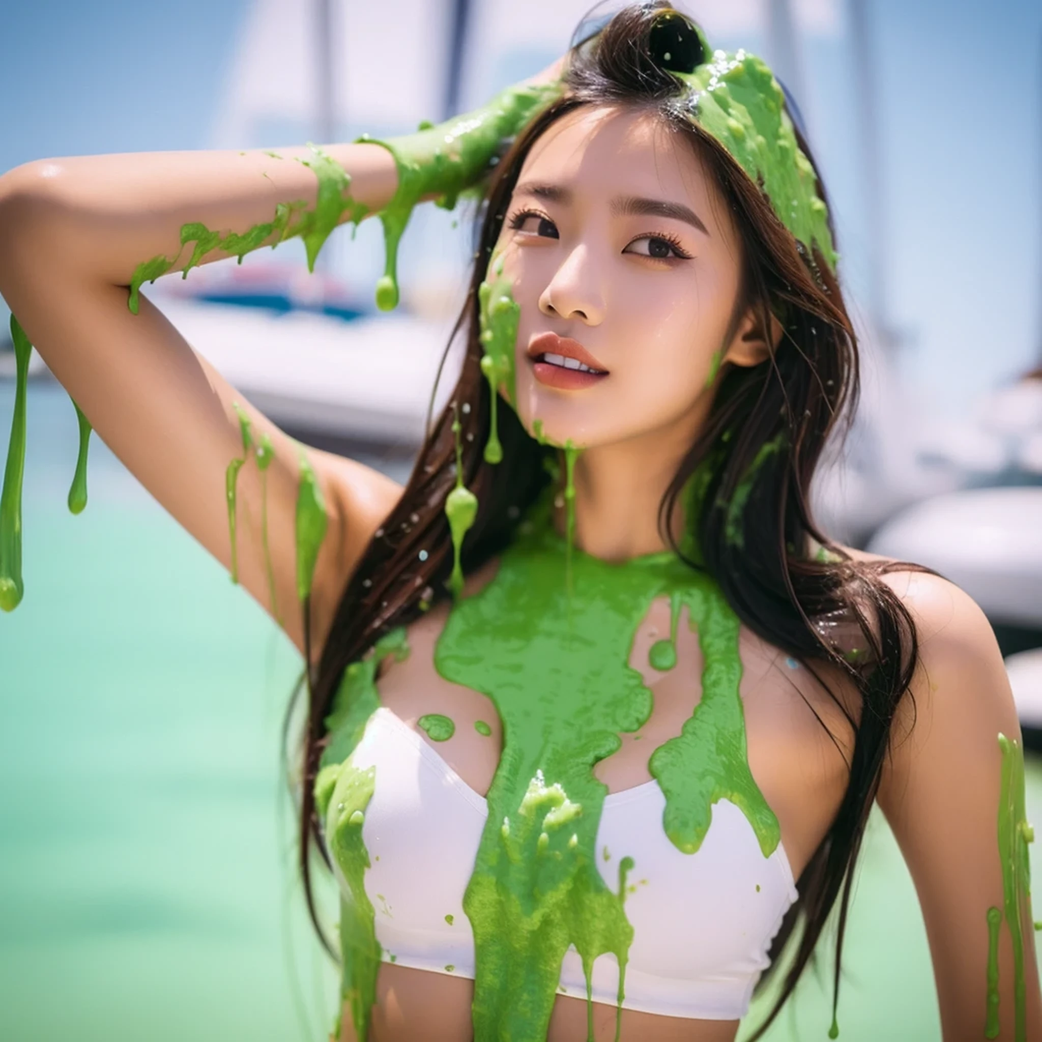 21yo Asian woman, beautiful details, extreme realism, mascara, winged eyeliner, lipstick, wearing white lingerie, slime, engulfed by green goo