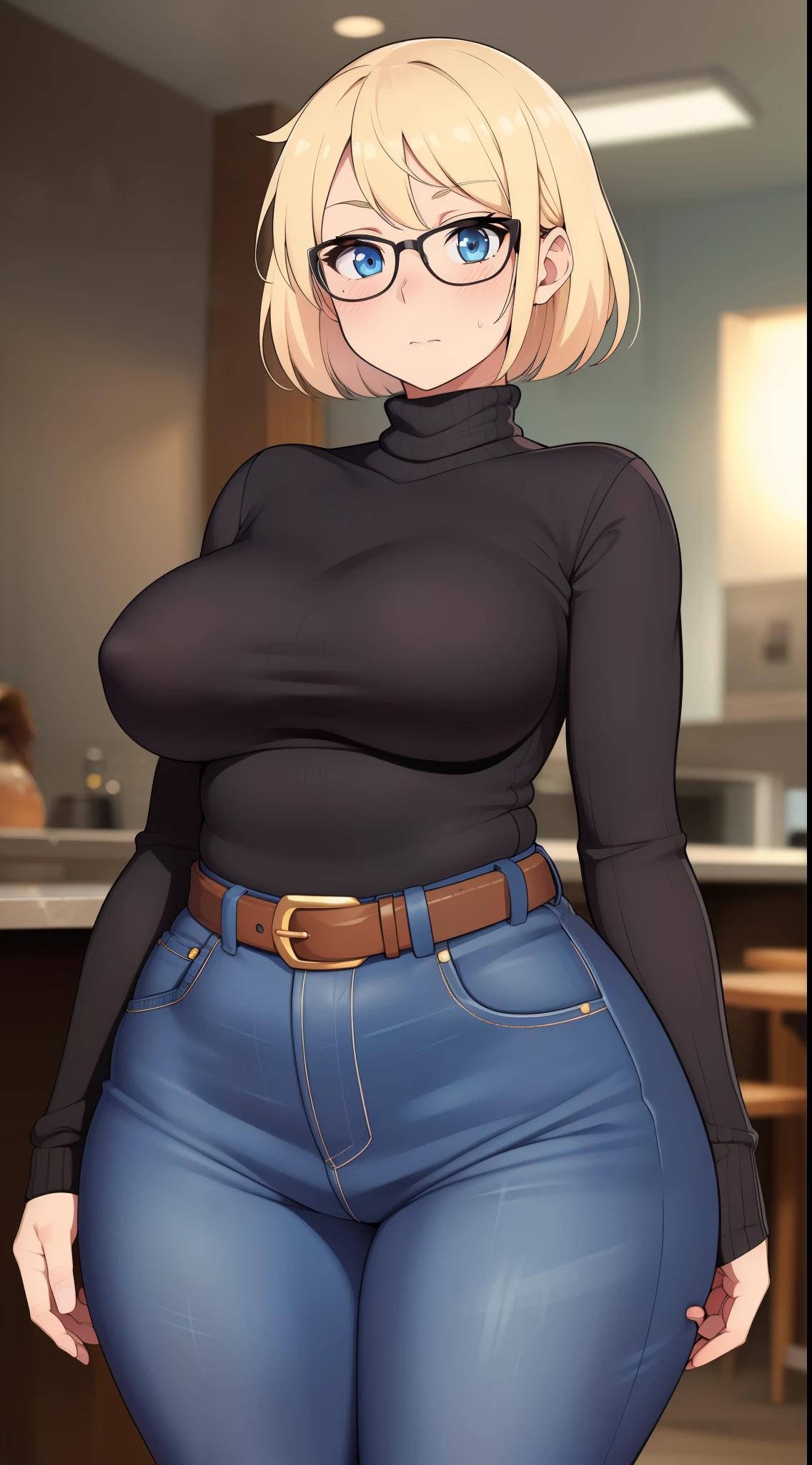 ((Masterpiece)), perfect anatomy, perfect shading, field of depth, (best quality), extremely delicate and beautiful, perfect lighting, detailed face, ultra cute face, cute, (cowboy shot 1.2), full body, (((1girl))), ((solo)), looking at viewer,

short hair, fluffy hair, blonde hair, blue eyes, Glasses, ((Blush)), shy, nervous, (black turtleneck sweater 1.5), (jeans 1.2), belt, extremely tight clothes, medium breasts, ((wide hips)), ((thick thighs)), ((chubby)), 

coffee shop, intricate background, detailed background,