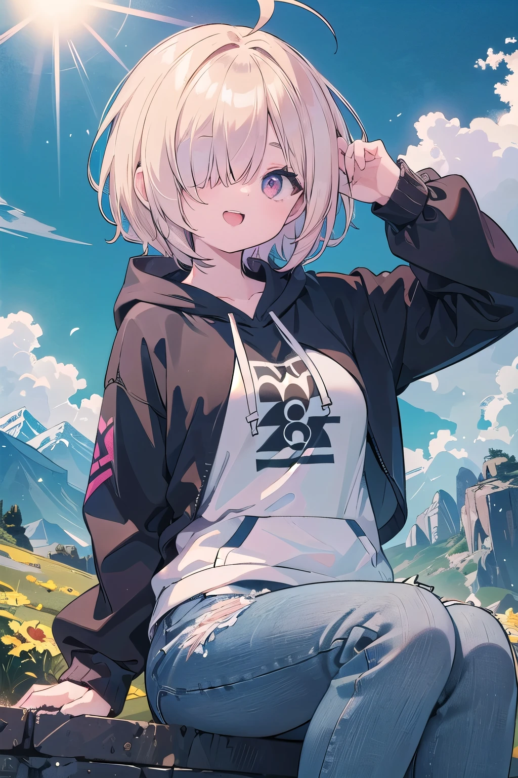(masterpiece:1.2), (highest quality:1.2), perfect eyes, perfect face, perfect lighting, mountainous horizon, 1 boy,blonde　Upper body, big breasts　red eye, ((((((hair over one eye,)))))), a braid, spike hair, dull bangs, bob hair, Ahoge, cute eyes, Medium chest, , (((from below))), open mouth, vivid description,orgasm, I was scared, Ahegao, smile+Happy, tooth, anger, From the side, She is wearing pink shorts with jeans textured lace, wears hoodie in yellow modern style fashion, sitting, crossed arms, 