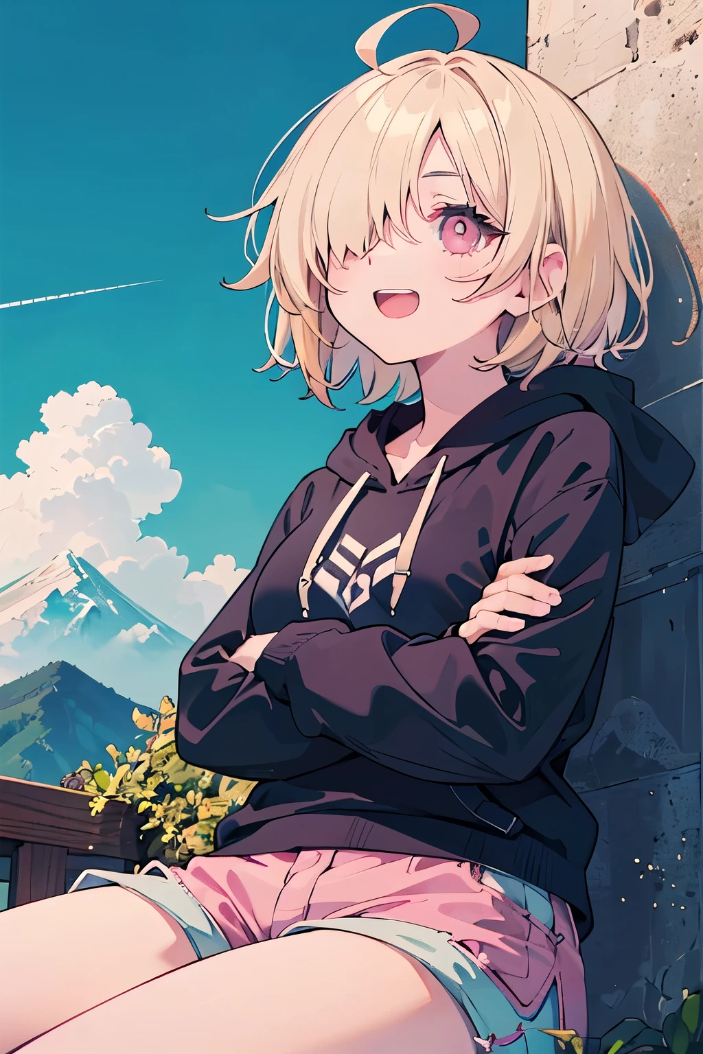 (masterpiece:1.2), (highest quality:1.2), perfect eyes, perfect face, perfect lighting, mountainous horizon, 1 boy,blonde Upper body, big breasts red eye, ((((((hair over one eye,)))))), a braid, spike hair, dull bangs, bob hair, Ahoge, cute eyes, Medium chest, , (((from below))), open mouth, vivid description,orgasm, I was scared, Ahegao, smile+Happy, tooth, anger, From the side, She is wearing pink shorts with jeans textured lace, wears hoodie in yellow modern style fashion, sitting, crossed arms, (looking up:1.3), (face close up:1.3)