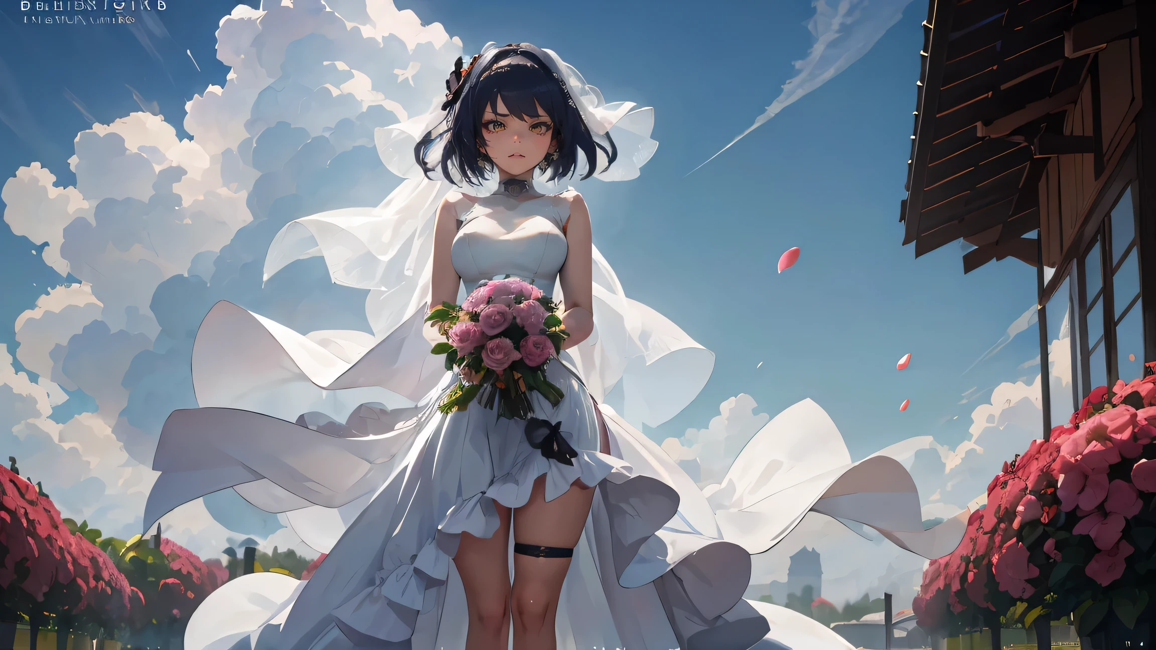 Kujou Sara | genshin impact, master-piece, bestquality, 1girls,25 years old, proportional body, proportional., Wedding Dresses, White Wedding Dress, Long skirt, wedding, ,bara, Standing in the middle of a flower garden, outdoor, wedding, The sky is beautiful, Both hands hold a bouquet of flowers................................................., View viewers from the front., Thigh strap, Head tilt, bored, 10, 10, HD, slight smile,