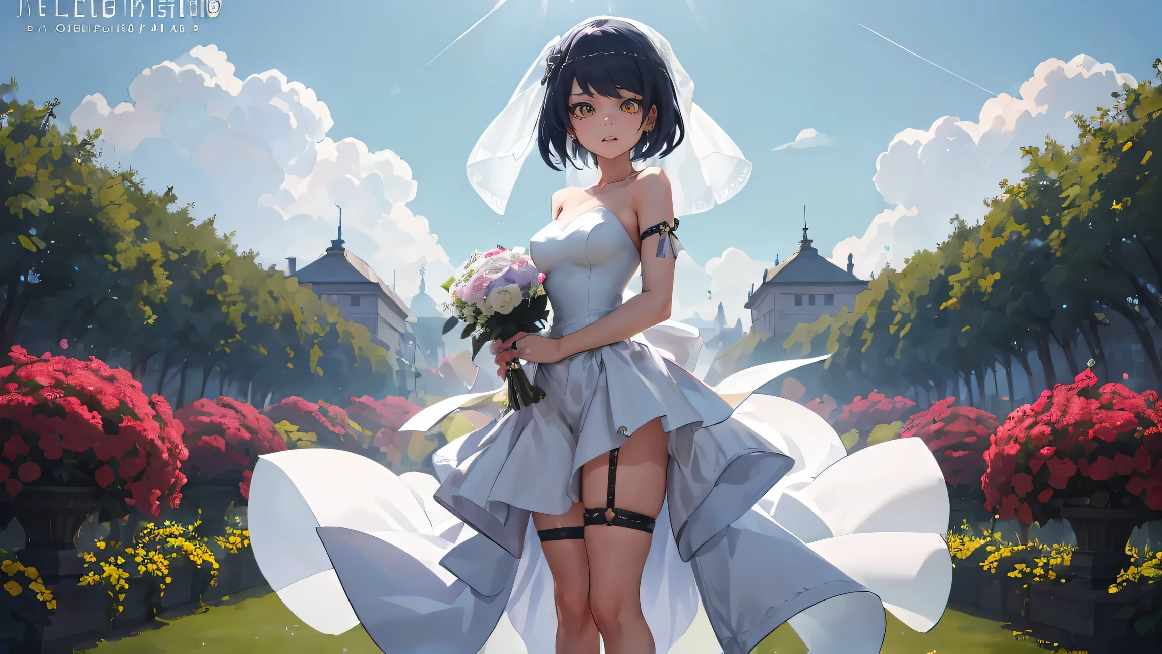 Kujou Sara | genshin impact, master-piece, bestquality, 1girls,25 years old, proportional body, proportional., Wedding Dresses, White Wedding Dress, Long skirt, wedding, ,bara, Standing in the middle of a flower garden, outdoor, wedding, The sky is beautiful, Both hands hold a bouquet of flowers................................................., View viewers from the front., Thigh strap, Head tilt, bored, 10, 10, HD, slight smile,