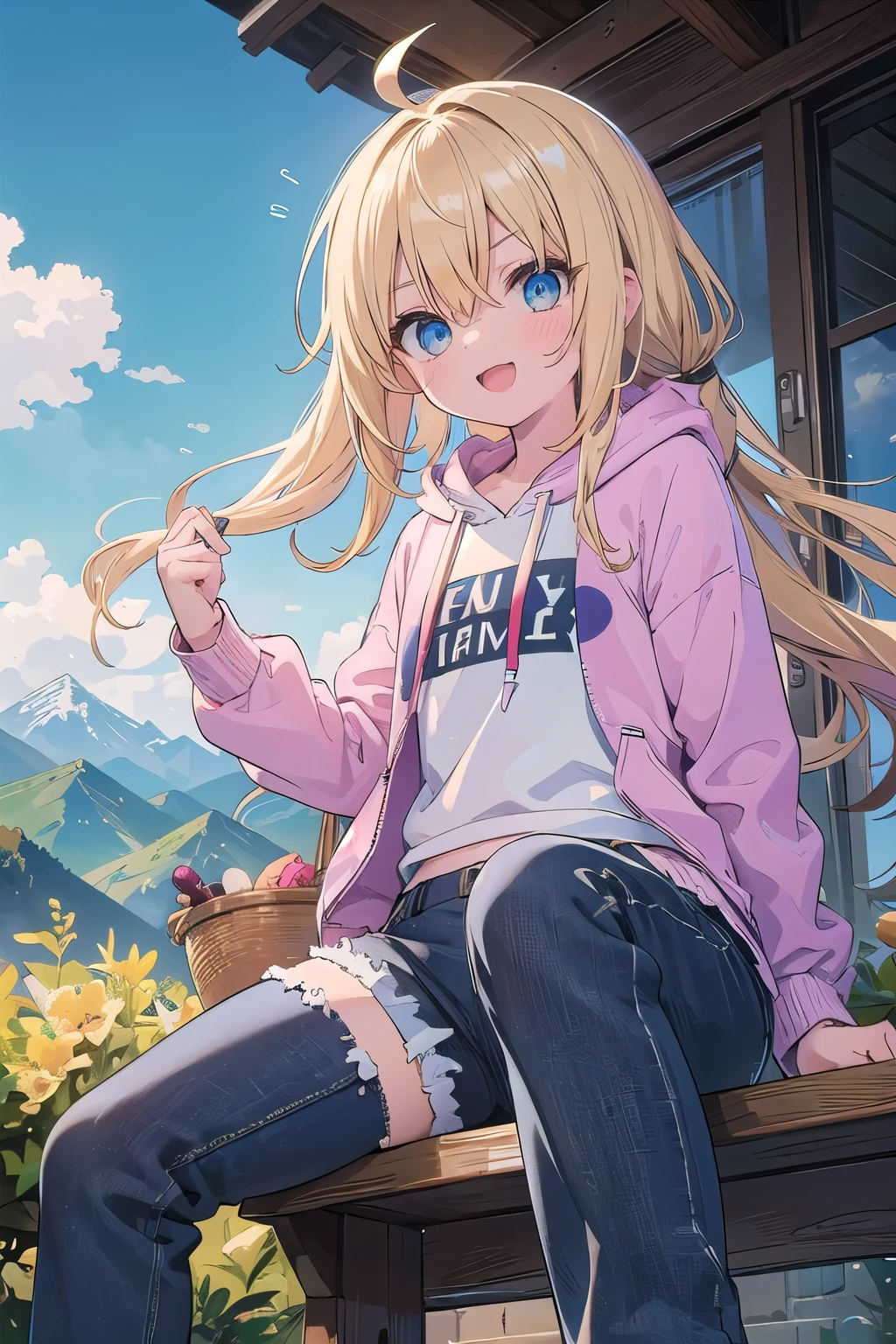 Anime girl sitting on a bench with a cup of coffee - SeaArt AI