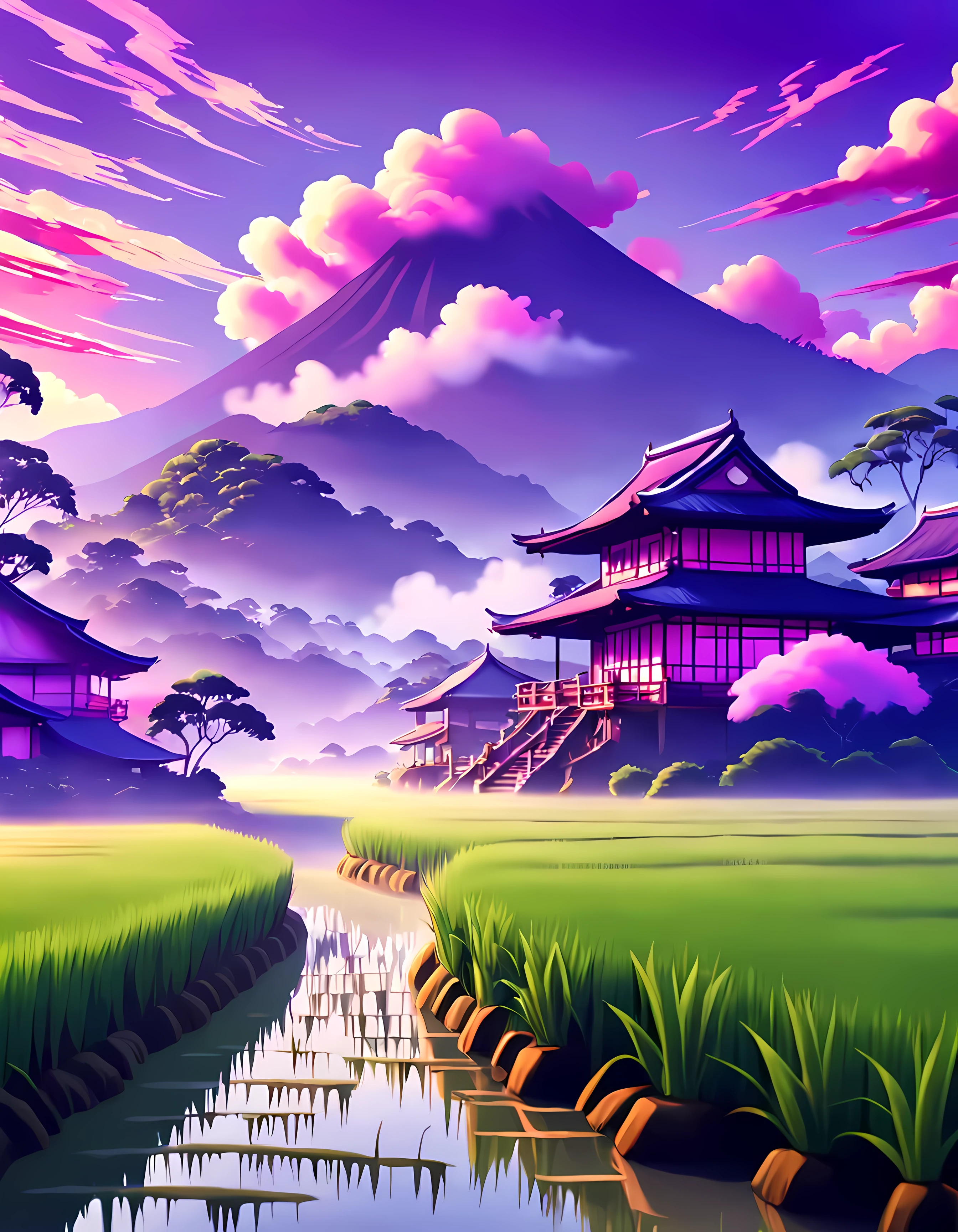 (Surrelasim:1.4), cute anime style, design a captivating image of a ((mystical mist)) hovering above a ((lush rice paddy)), mesmerizing dawn with hues of orange, pink and purple, (Japanese architecture), cloudy, dreamy, masterpiece in maximum 16K resolution, superb quality. | ((More_Detail))