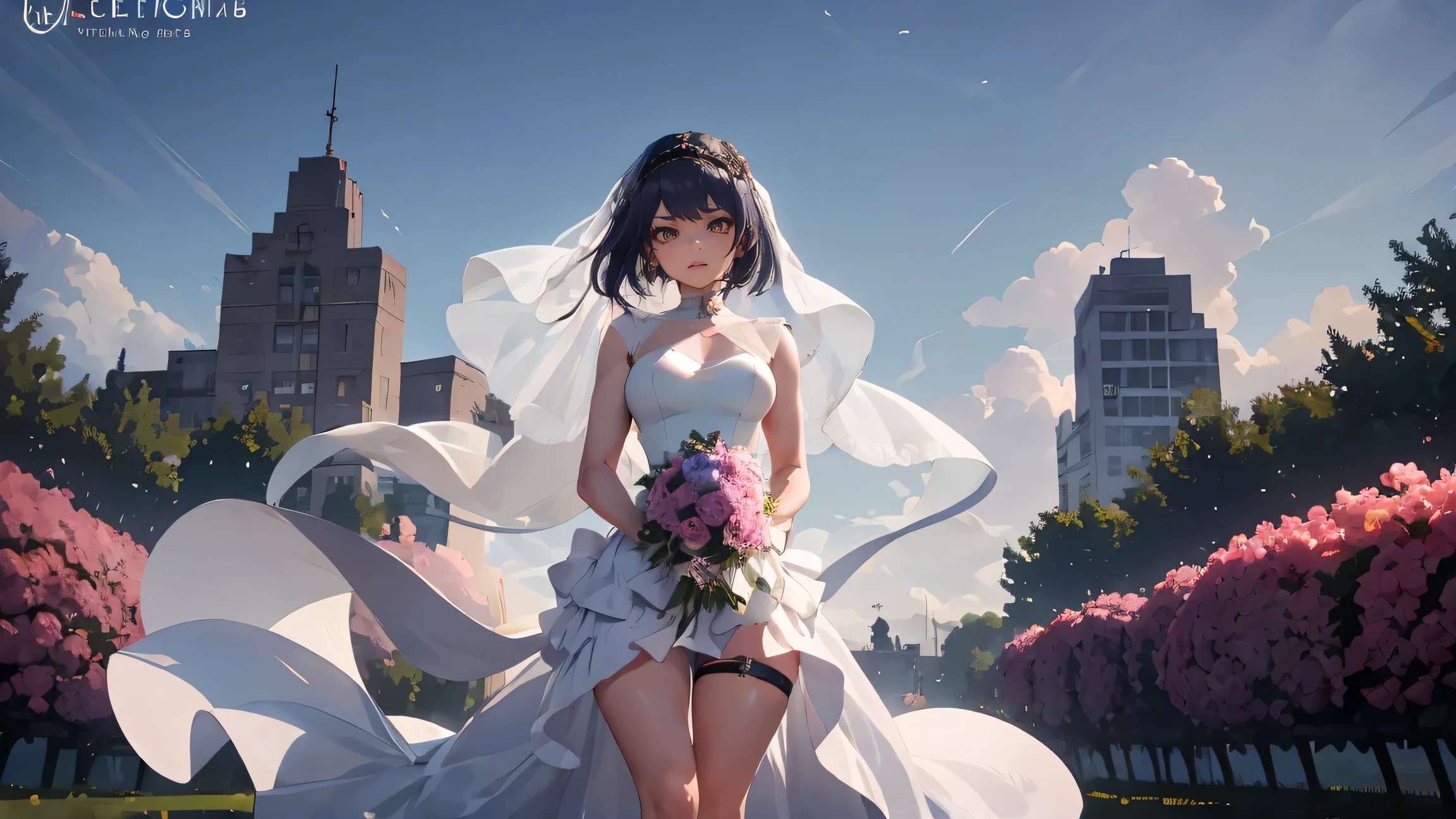 Kujou Sara | genshin impact, master-piece, bestquality, 1girls,25 years old, proportional body, proportional., Wedding Dresses, White Wedding Dress, Long skirt, wedding, ,bara, Standing in the middle of a flower garden, outdoor, wedding, The sky is beautiful, Both hands hold a bouquet of flowers................................................., View viewers from the front., Thigh strap, Head tilt, bored, 10, 10, HD, slight smile,