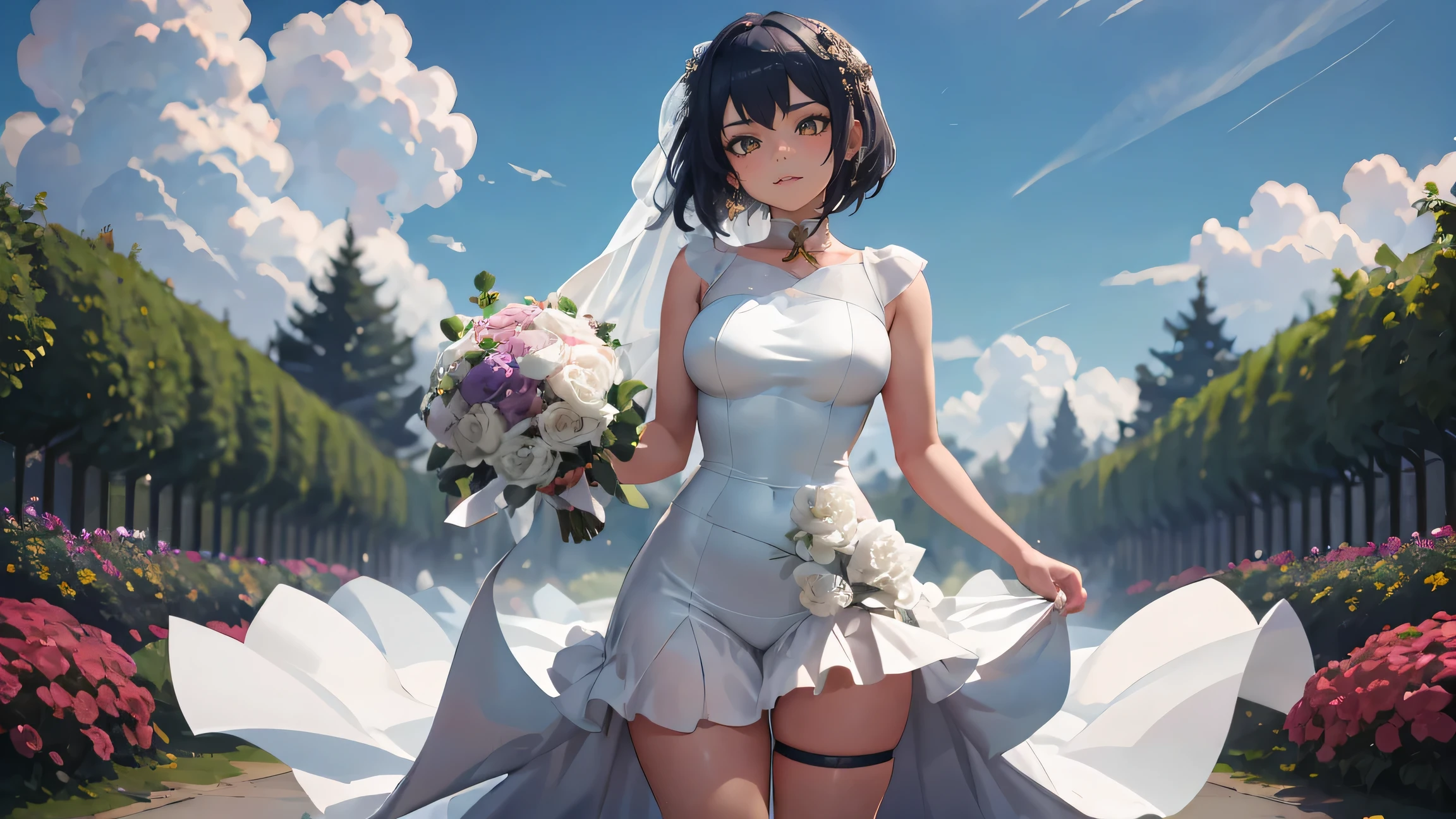 Kujou Sara | genshin impact, master-piece, bestquality, 1girls,25 years old, proportional body, proportional., Wedding Dresses, White Wedding Dress, Long skirt, wedding, ,bara, Standing in the middle of a flower garden, outdoor, wedding, The sky is beautiful, Both hands hold a bouquet of flowers................................................., View viewers from the front., Thigh strap, Head tilt, bored, 10, 10, HD, slight smile,