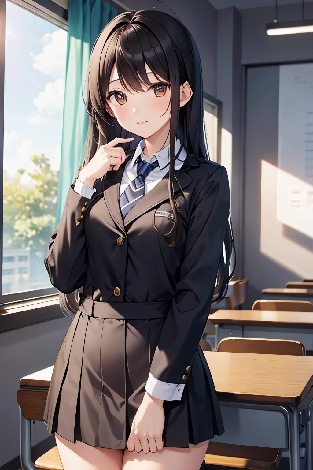best quality、brown eyes、Slender、tall、8k、girl, highres,black hair BREAK、long hair、classroom、uniform、gray tie、standing position、facing left