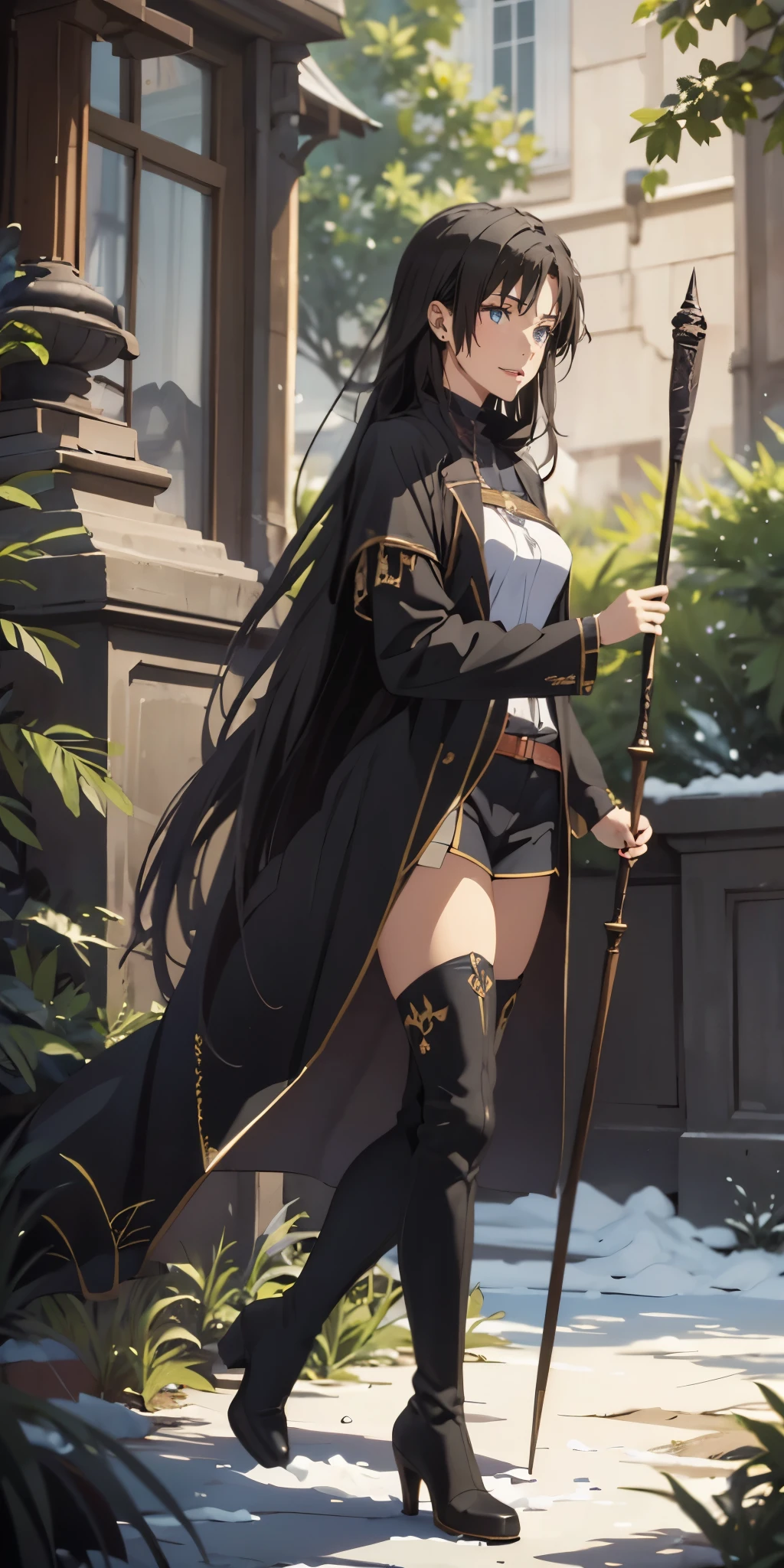 sensei, long hair, black hair, blue eyes, anatomically correct, best quality, masterpiece, high quality, high details, highres, HD, (shaded face:1.2), hollow eyes, dark-blue eyes, looking at viewer, Masterpiece, close up, medieval setting, fantasy world, magical, forest, dark, snow, woman, innocent, cute, mage, soft expression, curious look, green eyes, medium length hair, light brown hair, white mage clothing, thighs, thigh high boots, short green cowl, standing, holding staff