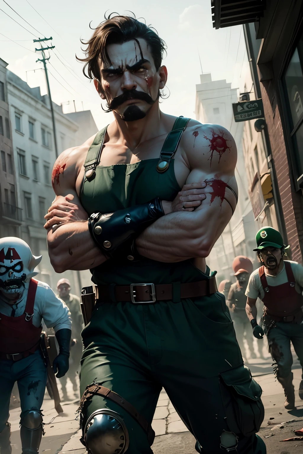 In the 4k, realistic style, Super Mario's expression bears the signs of a deep injury, his once cheerful face now contorted with pain and despair. The iconic mustache wilts, and his eyes, filled with fear and determination, reflect the horror of the zombie-infested world around him. Splatters of blood and green pus cover his red overalls, adding a chilling contrast to his once vibrant and innocent appearance. Unseen enemies lurk in the background, their grotesque forms hinting at the dangers that surround the wounded hero. Despite his injuries, Mario stands firm, his resolve unbroken as he prepares to face the undead horde determined