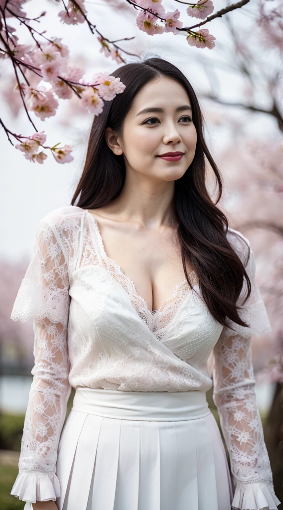 NSFW, ((highest quality, 8k, masterpiece, portrait: 1.3)), photorealism, Similar to portrait photography, intense natural light, soft lighting, 8k, high quality, (Park with a pond), ((one big cherry tree)), (A woman looking up at the cherry blossoms alone,) ((Look up at the cherry blossoms far above your head)), Age: 43 years old, ((Look up diagonally to the left)), (gentle expression), (smile), (lips slightly open), ( white lace blouse), (cleavage:1.2), (long skirt with pleats), (high heels), 